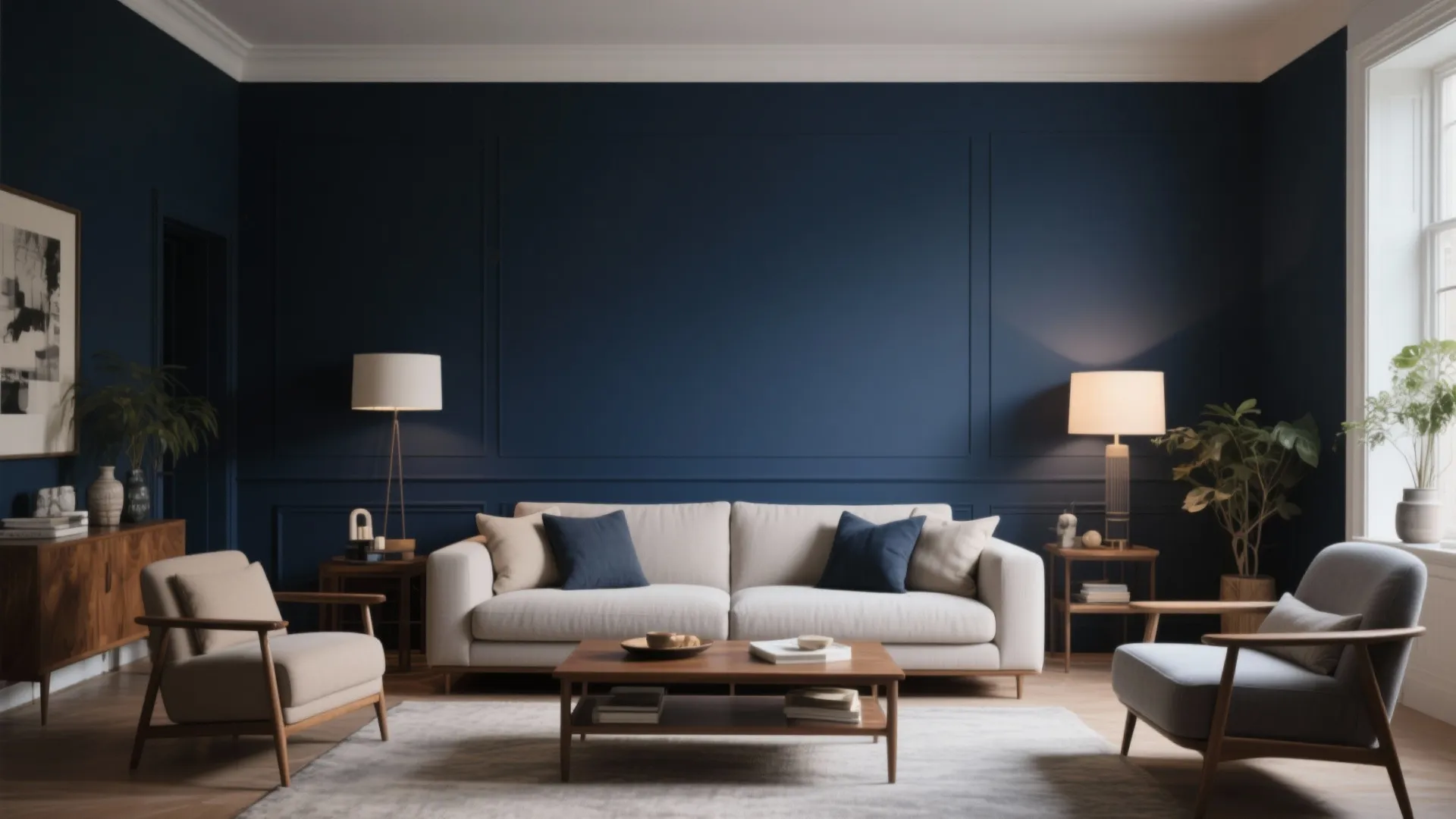 Modern living room with dark blue wall panel white sofa wooden coffee table and two chairs