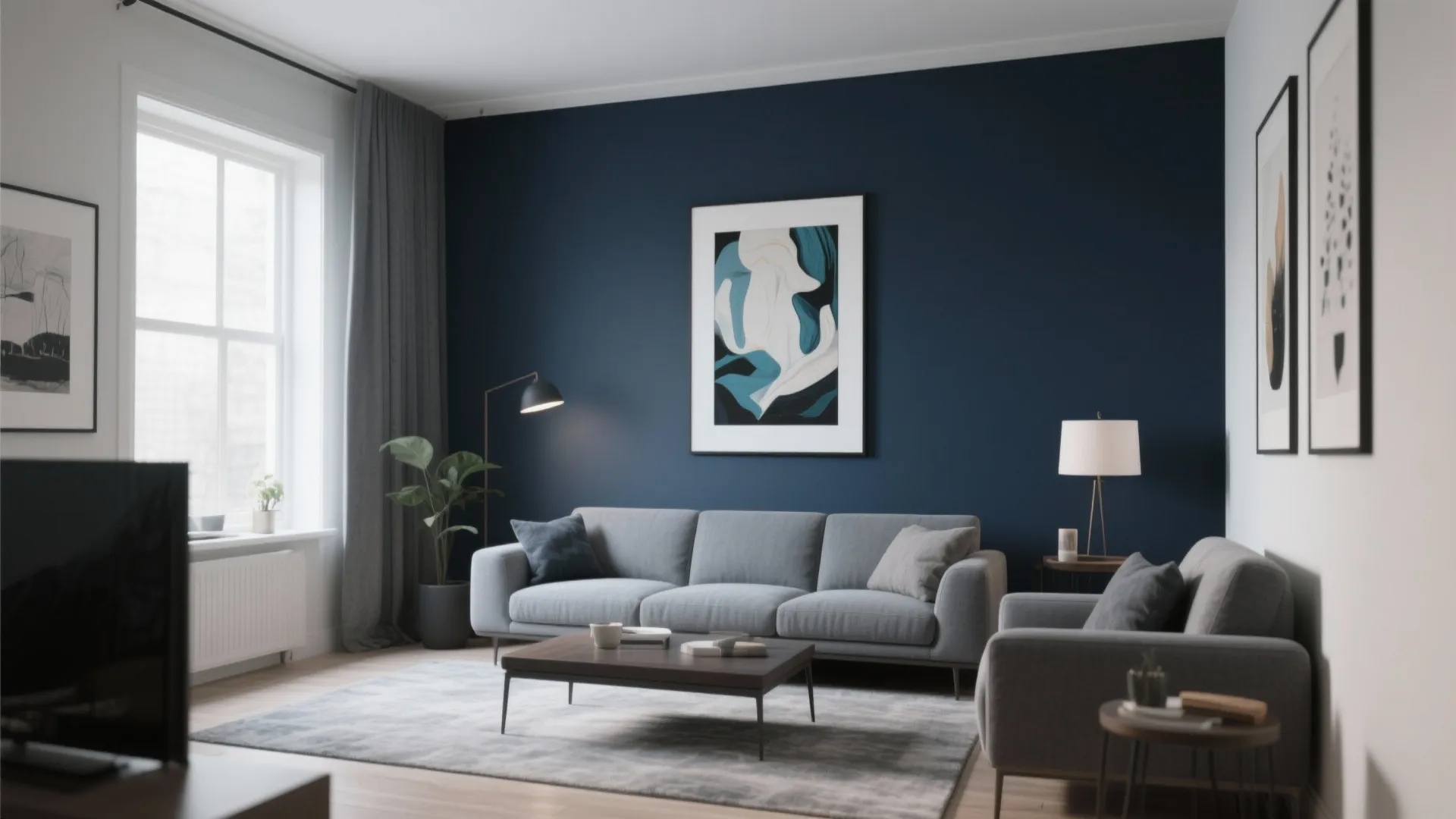Minimalist living room featuring navy blue wall grey sofa modern art and white light fixture lamp