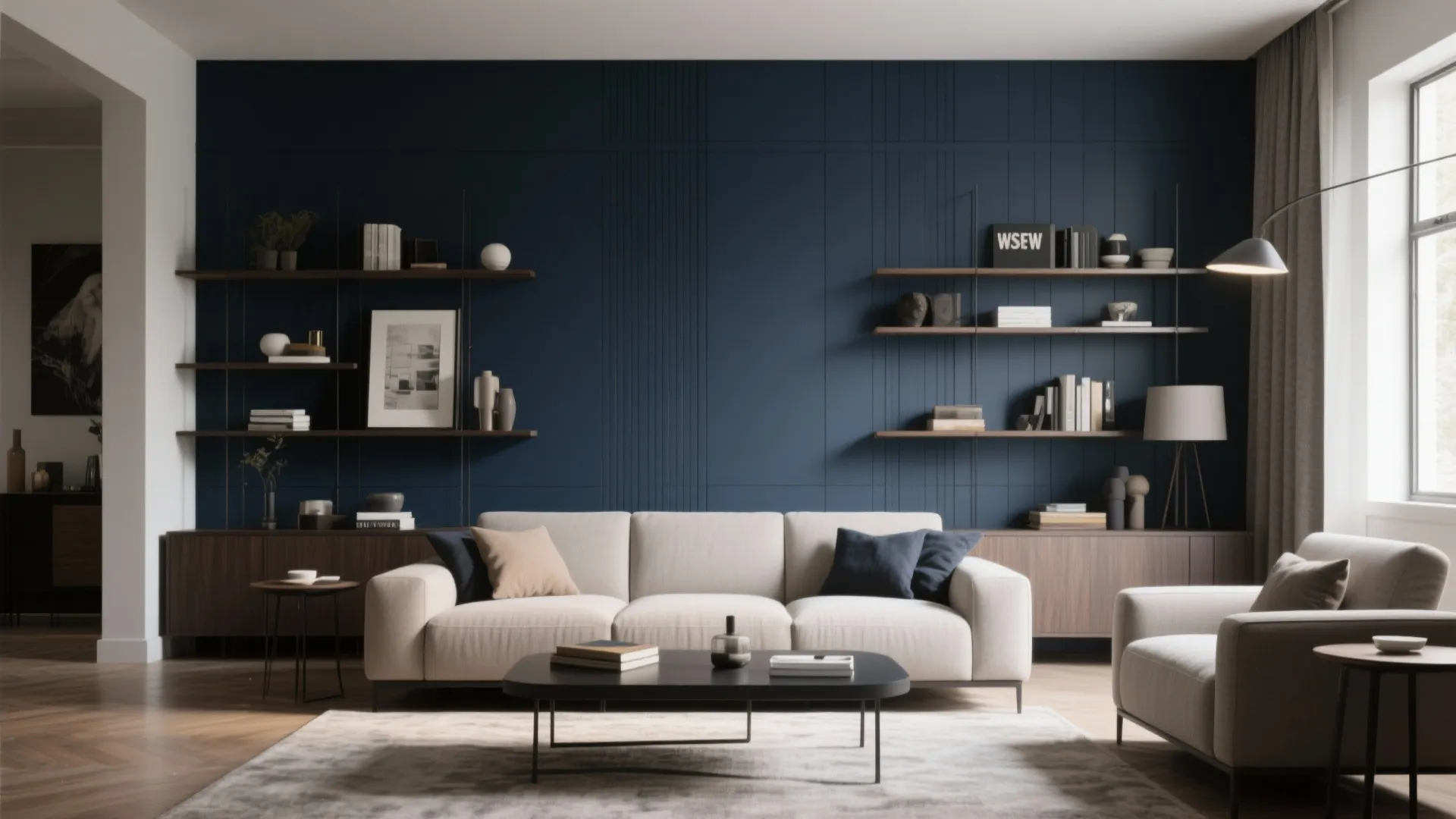 Modern living room features navy blue wall cream sofa black coffee table shelves and light