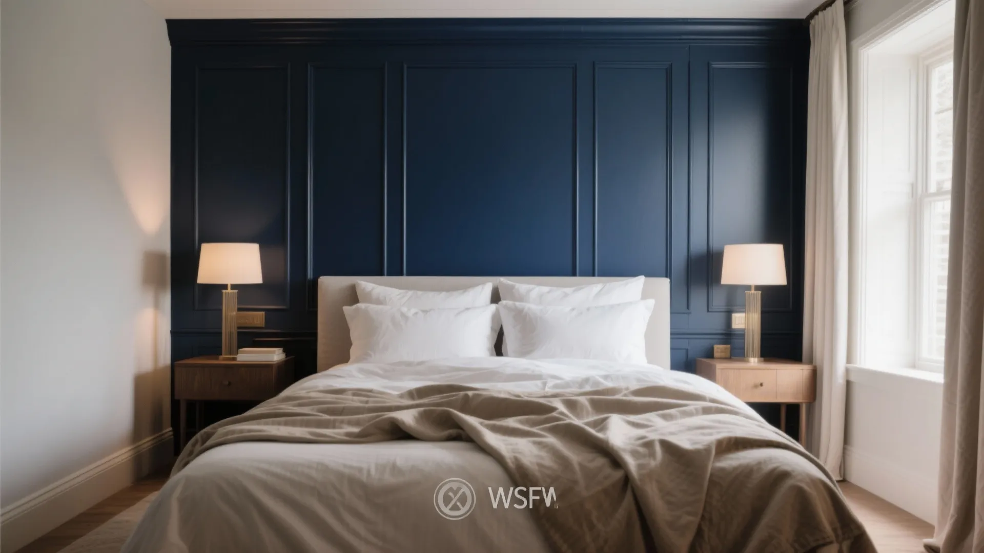 Modern bedroom with navy blue wall panel, white bed, tan blanket, wooden tables, and lamps