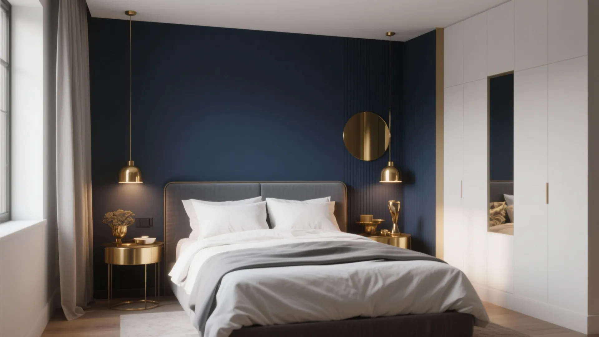 Navy blue bedroom wall with gold hanging light fixtures beside white wardrobe and grey bed