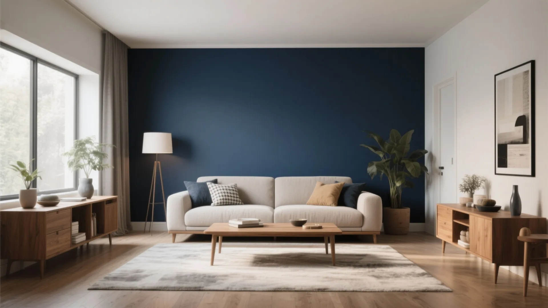 Modern living room featuring a navy blue accent wall with white sofa and wooden furniture