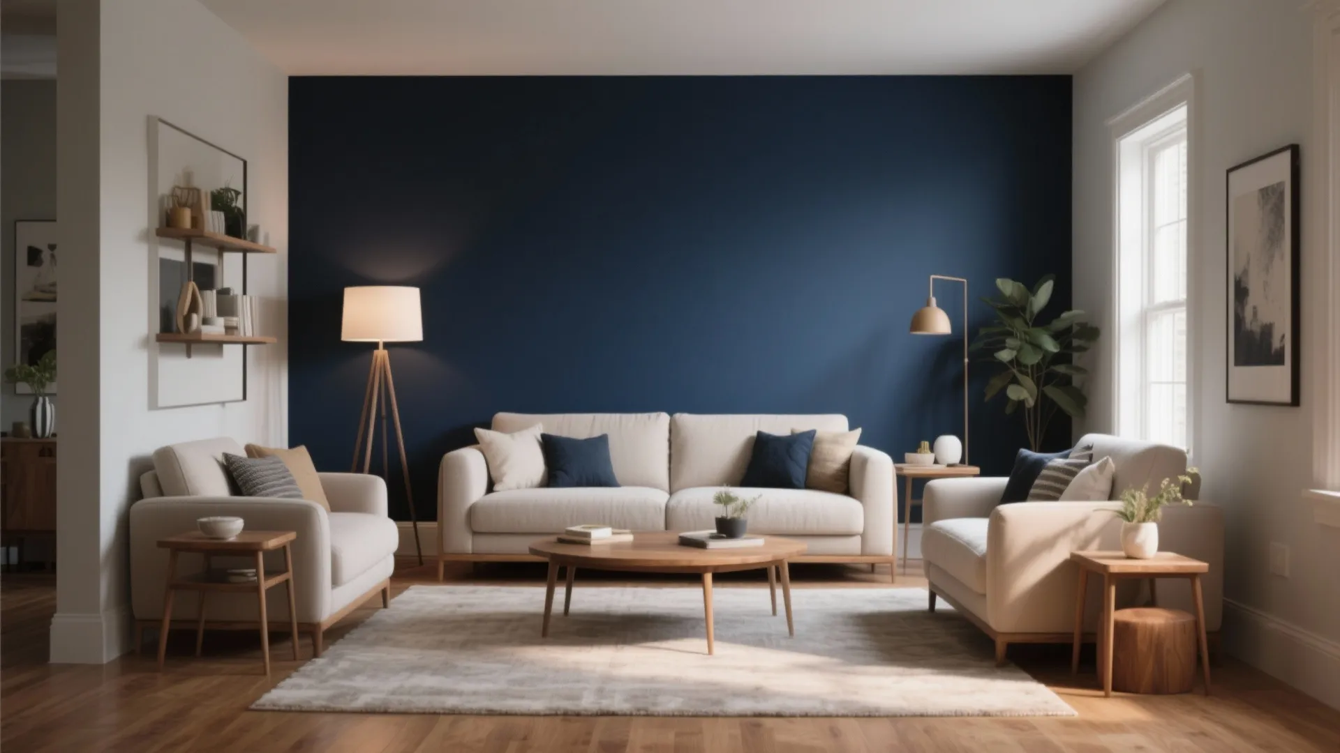 Bright living room with a dark blue wall behind a white sofa and floor lamps