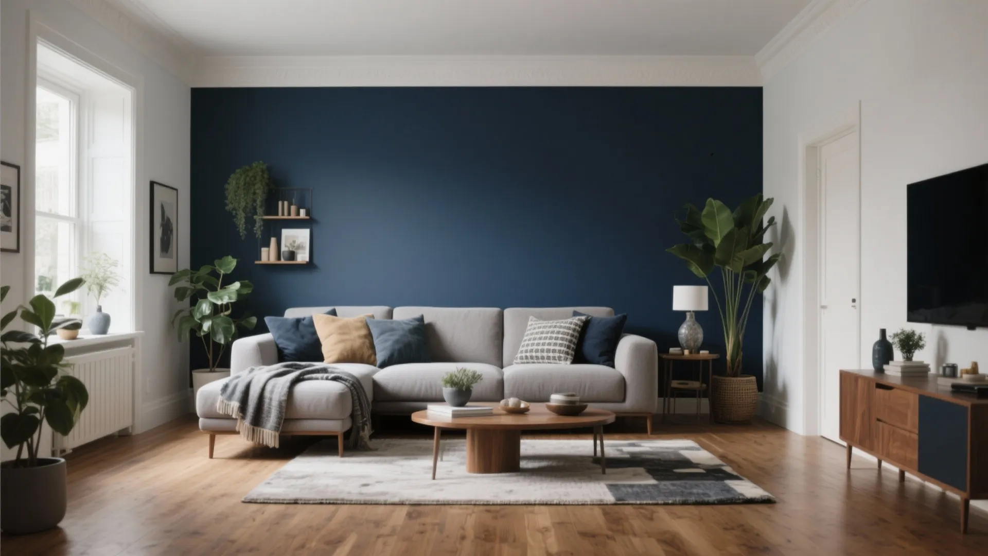 Modern living room with dark blue accent wall light grey sofa wooden floor and indoor plants