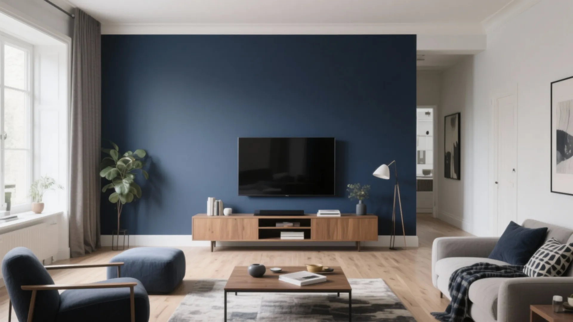 Modern living room with a navy blue wall behind a wooden cabinet and a flat television