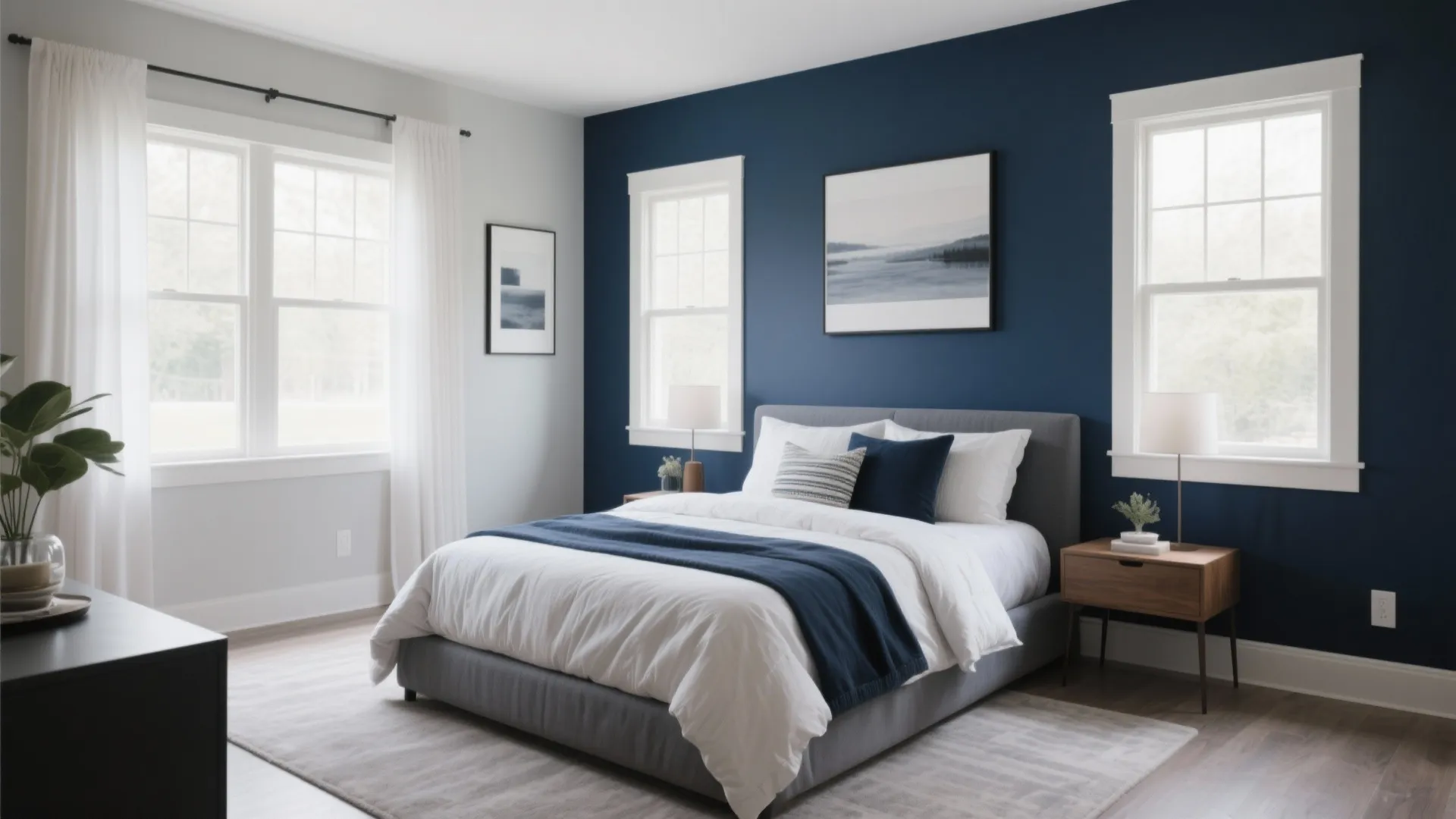 Modern bedroom with navy blue accent wall white windows grey bed wooden side tables lamps