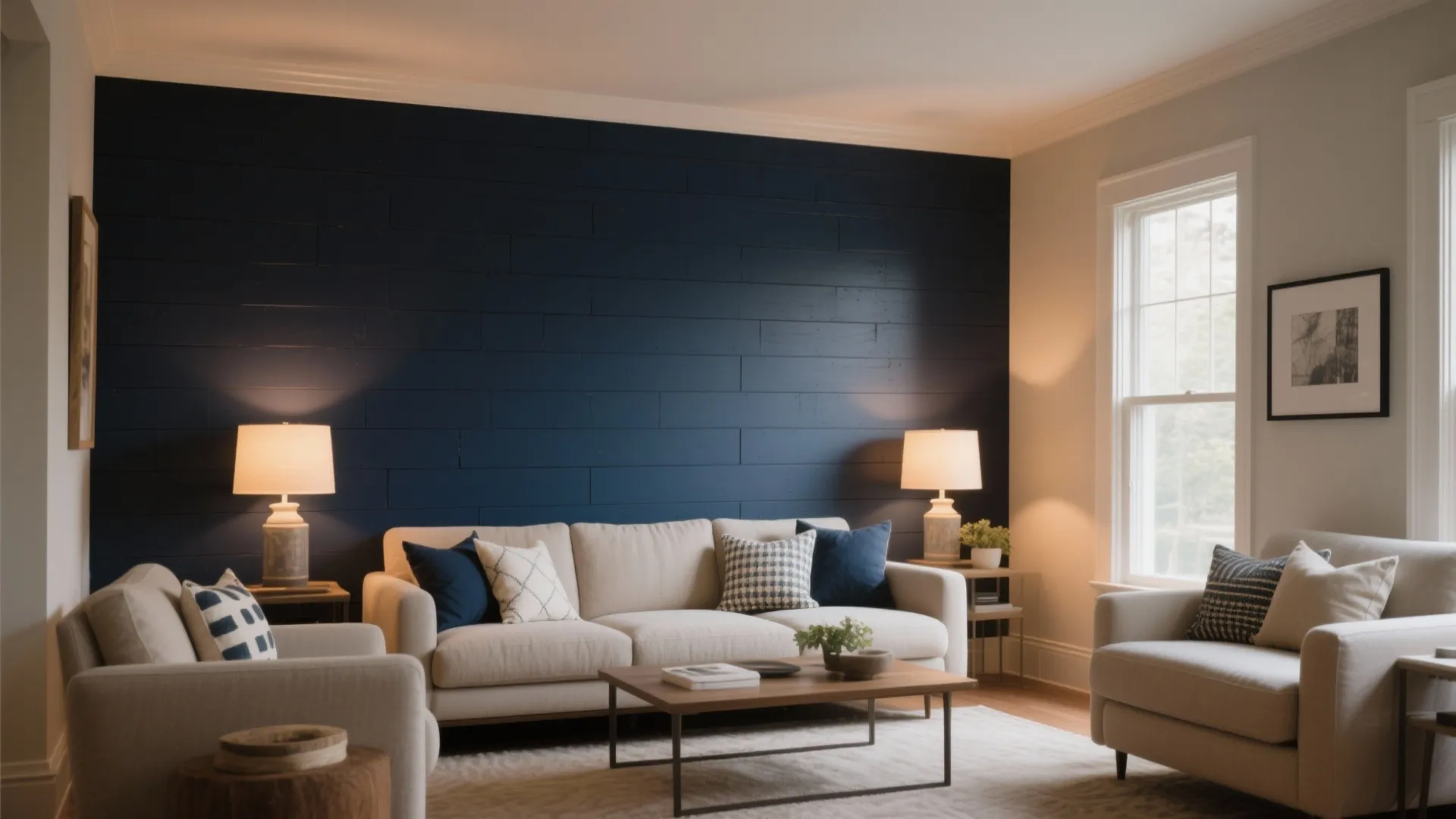 Modern living room with dark blue wall panel white sofa wood table and two table lamps