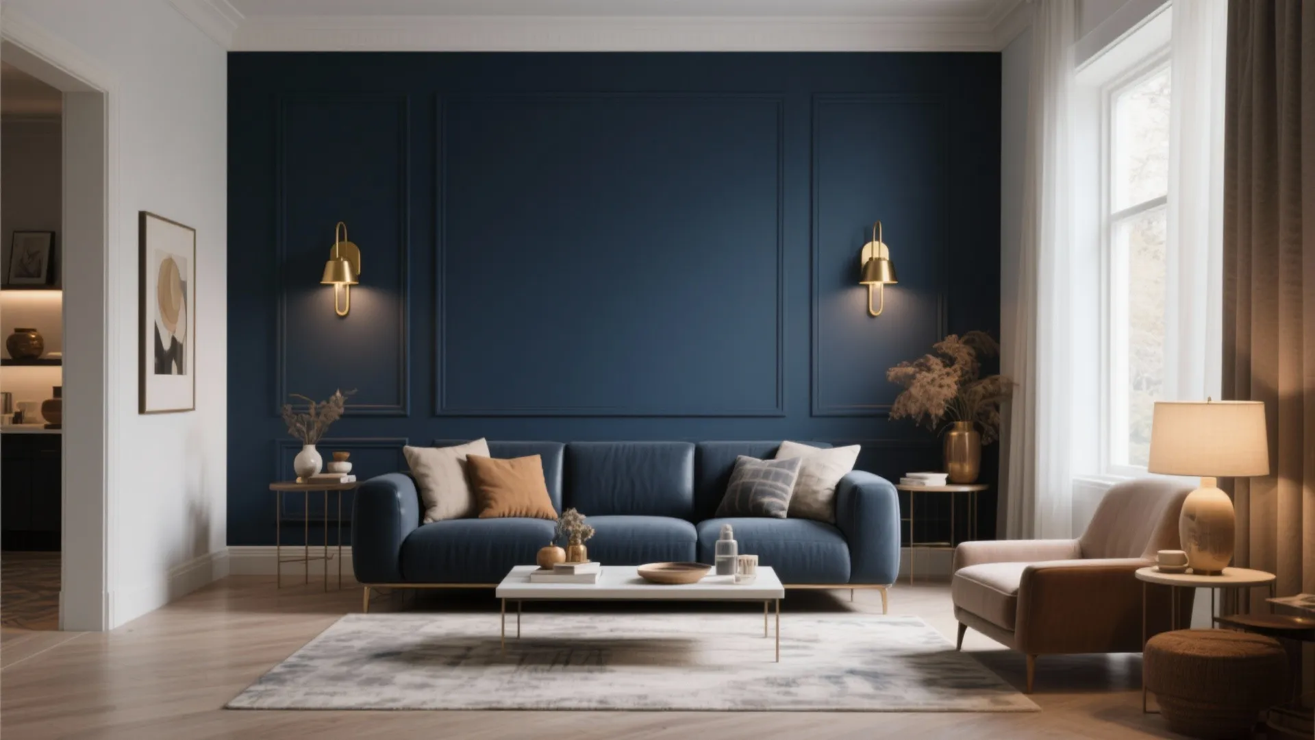 Living room with navy blue wall panel leather sofa coffee table gold wall light rug