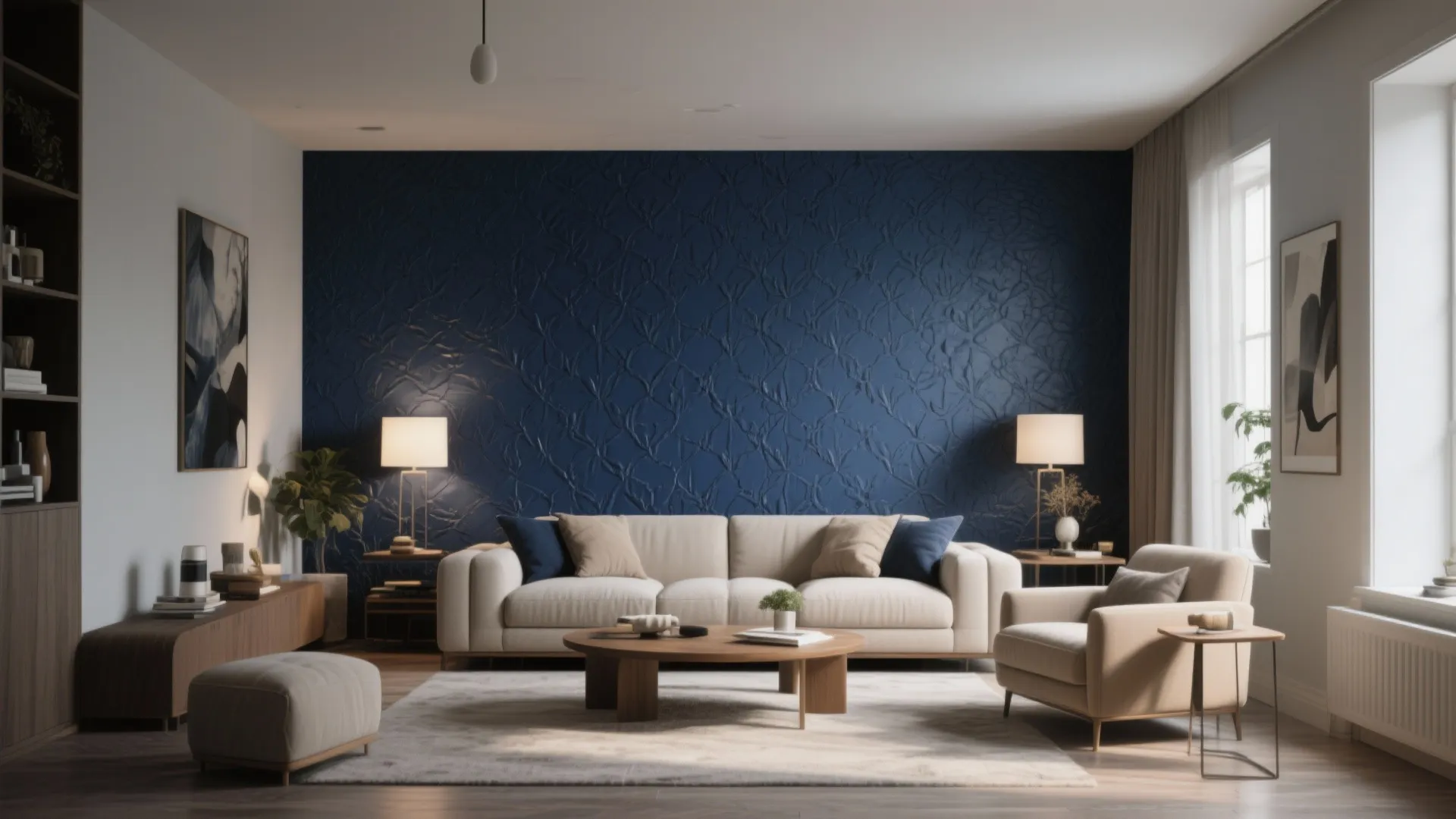 Modern living room with a textured navy blue accent wall beige sofa and wooden coffee table