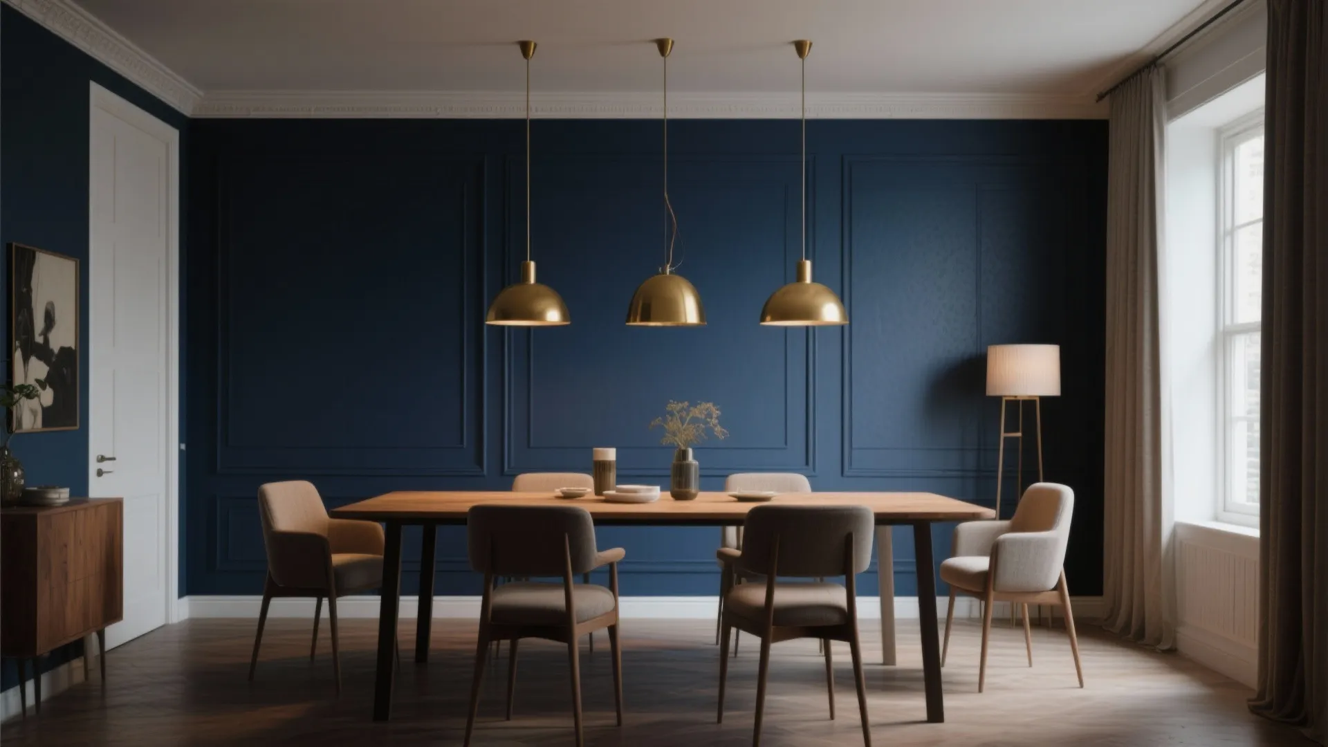 Modern dining room featuring navy blue wall panels wooden table gold ceiling light and floor lamp
