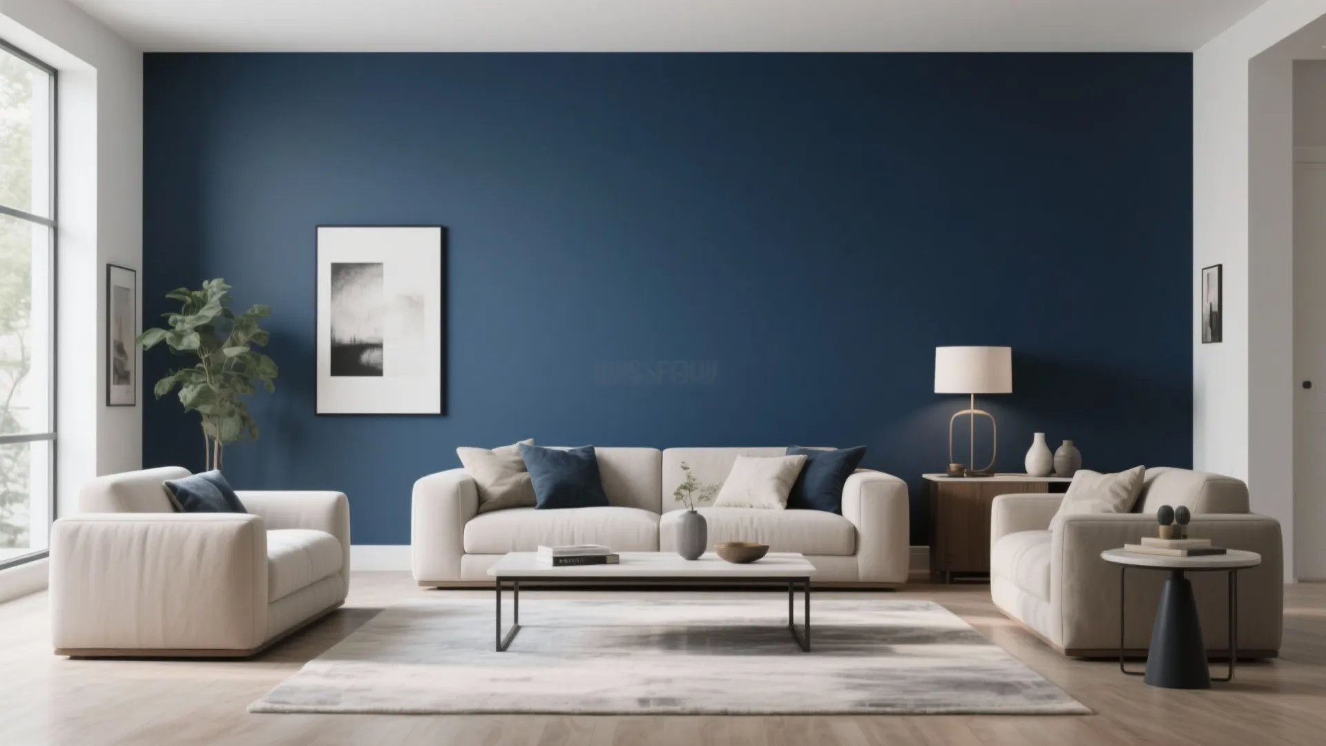 Modern living room with dark blue accent wall white sofa coffee table and floor lamp