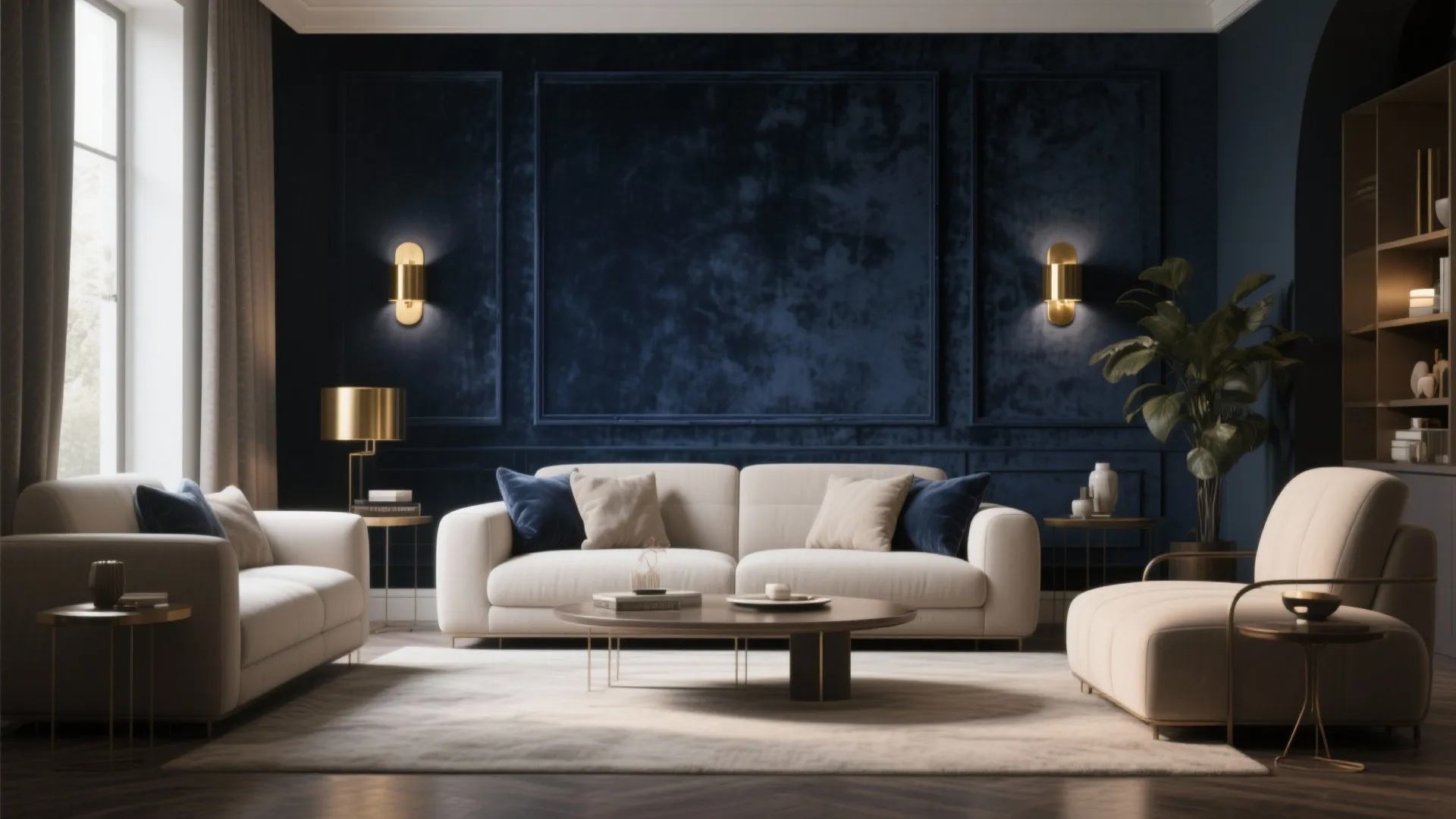 Living room with dark blue wall panel white sofa gold wall light and round table