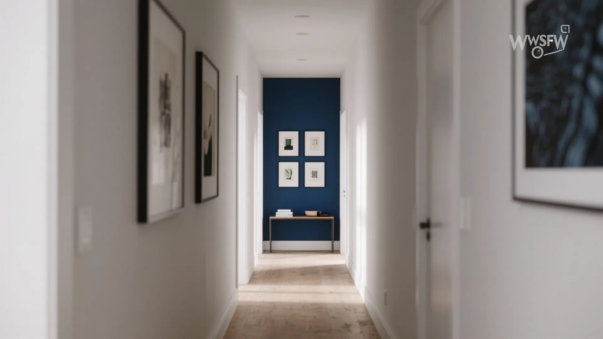Modern hallway with white walls wooden floor navy blue accent wall and four framed pictures