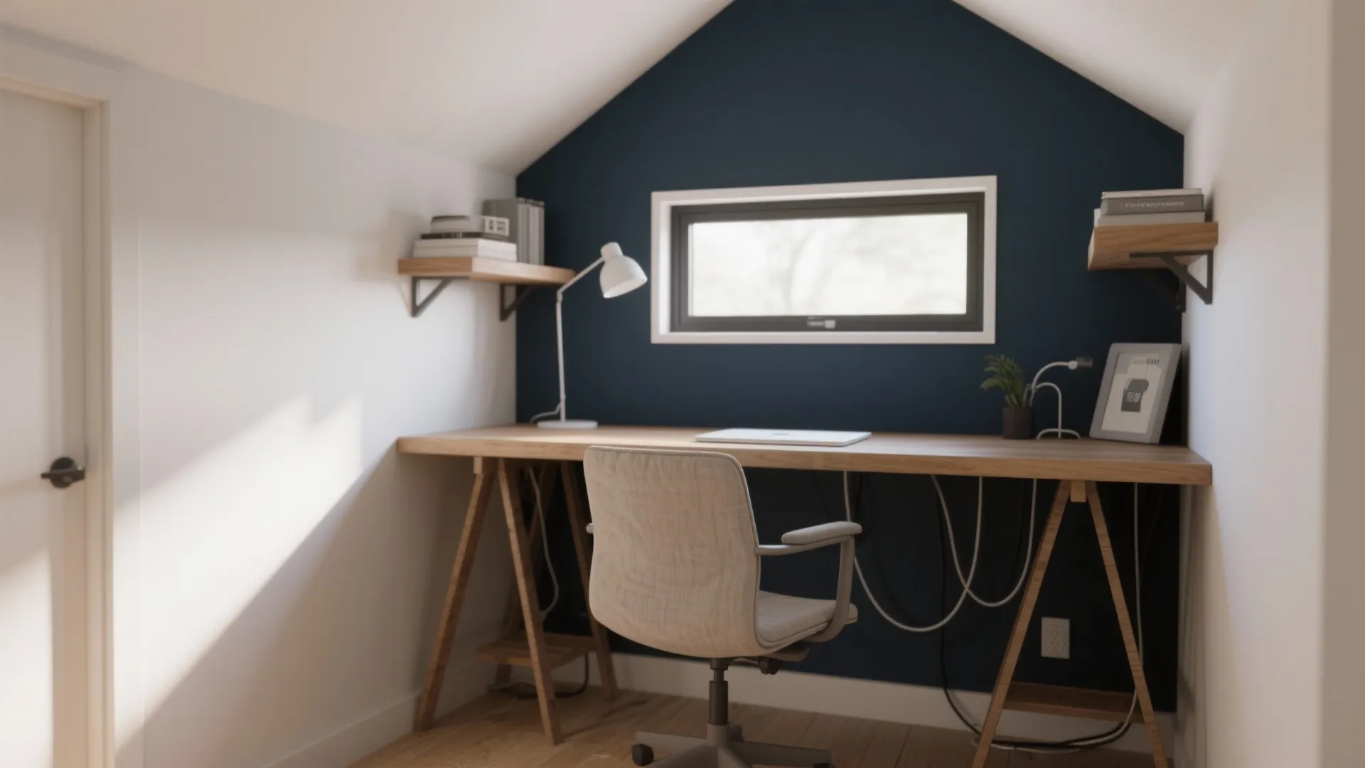 Modern home office with navy blue wall wooden desk grey chair table lamp and window