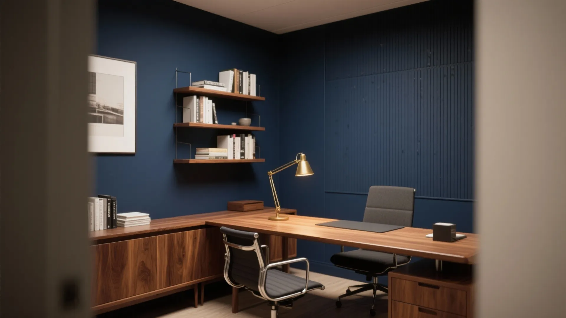 Modern office interior with blue wall panel, wooden desk, black office chair, and gold lamp