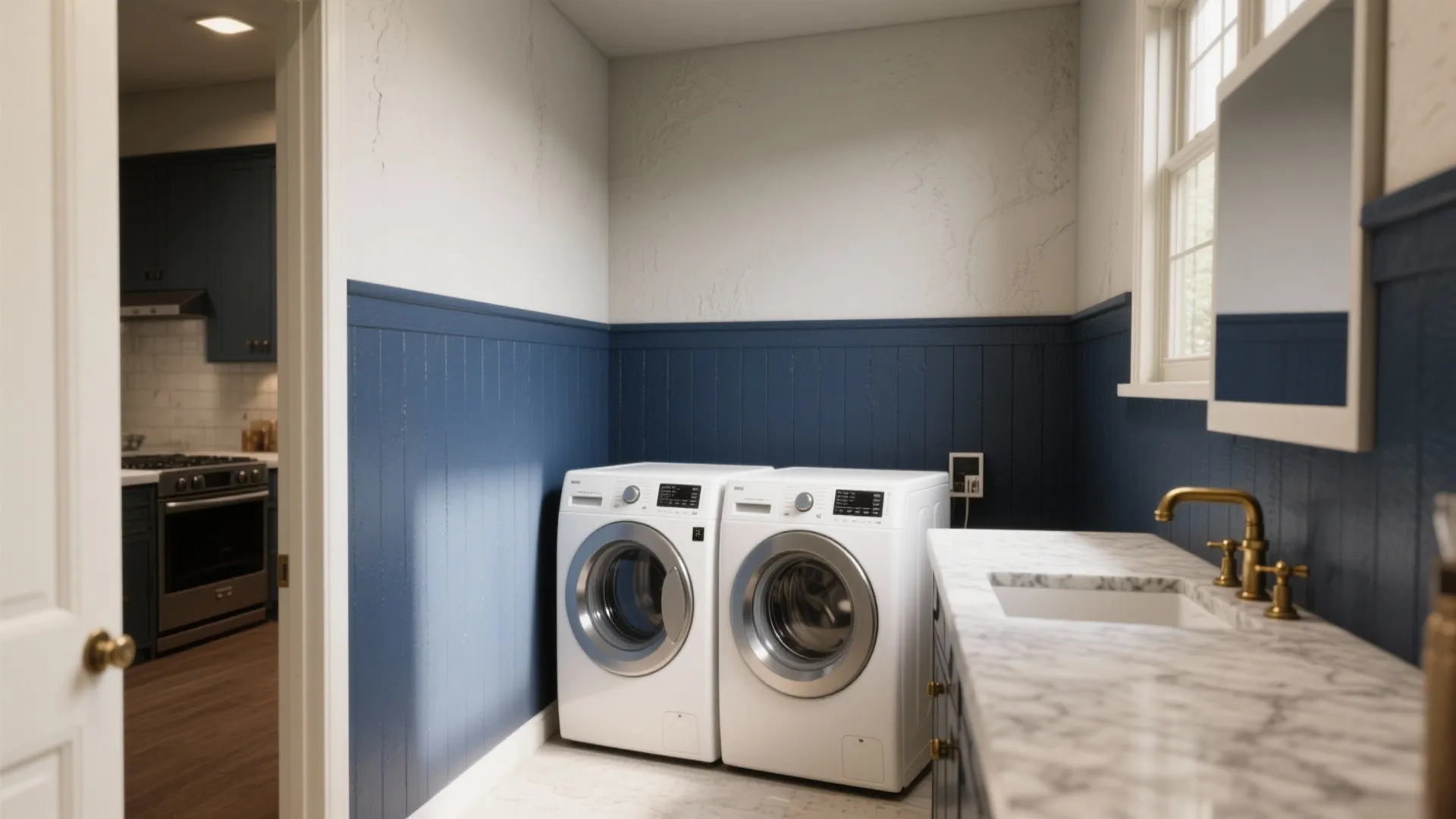 Compact laundry area with a deep navy accent wall behind washer and dryer and a coordinated kitchen sightline.