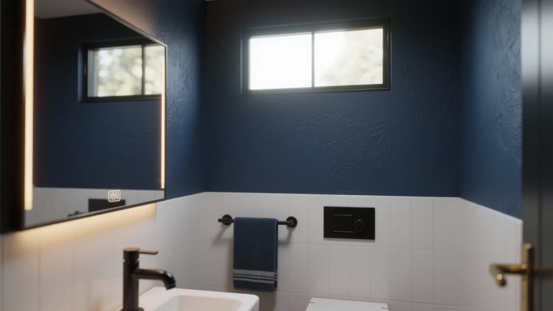 1. Deep Navy Accent Wall with Matte Black Fixtures