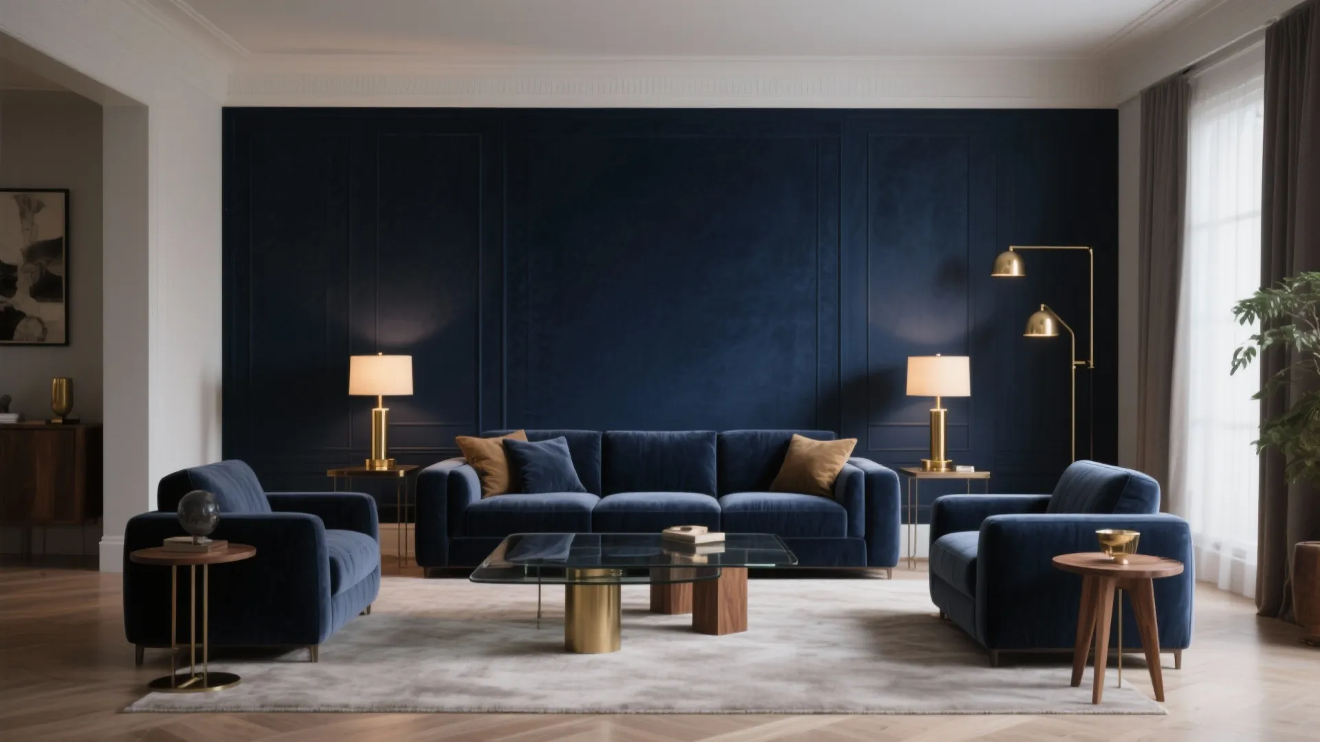 Moody navy accent wall with warm metals