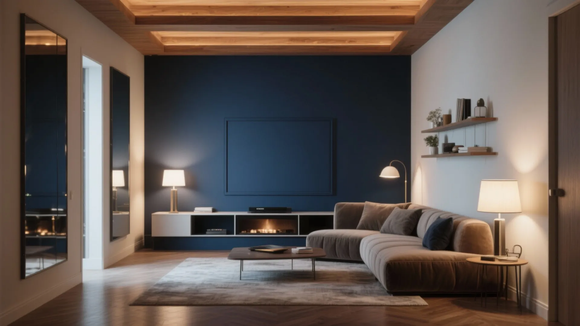 Cozy media nook with a deep navy accent wall and light surrounding walls to preserve depth.