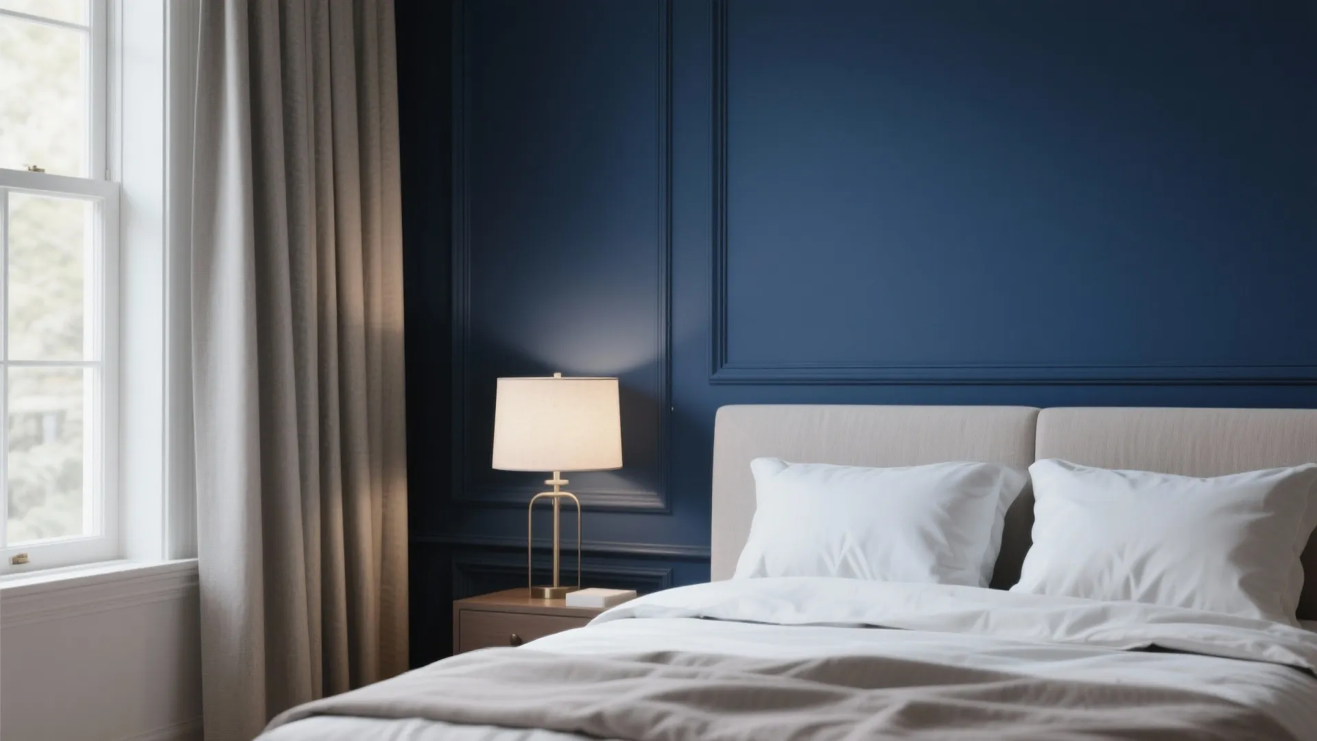 Bedroom with a single deep navy accent wall behind the bed, light linens and soft daylight.