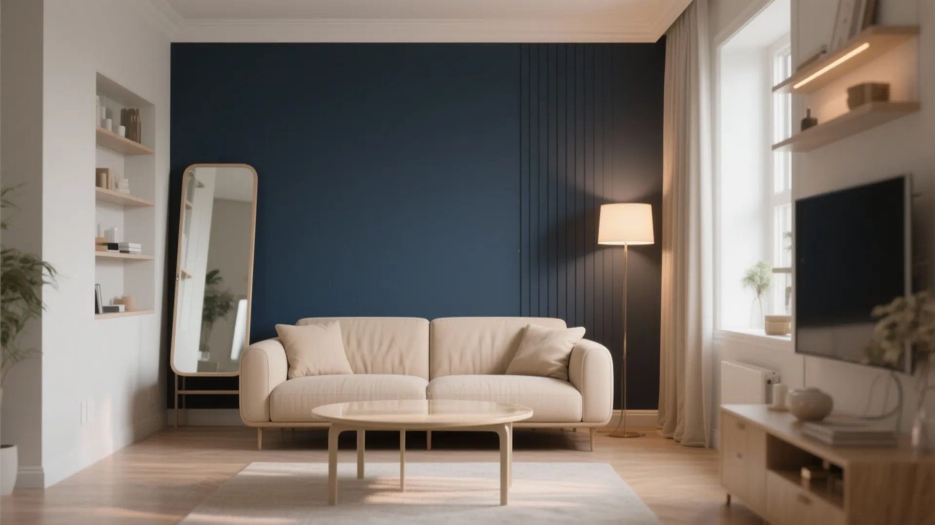 2. Blue walls, beige furniture for depth