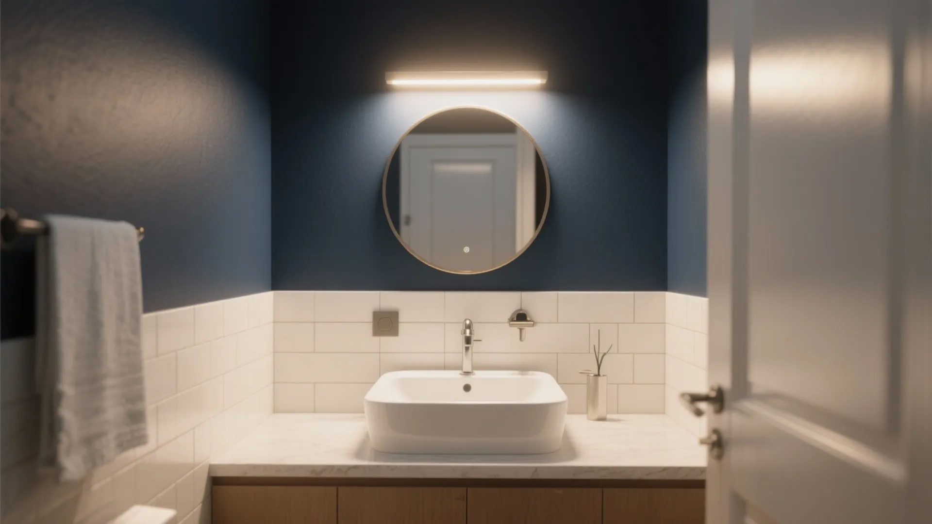 1. Navy Accent Wall with Light Tiles