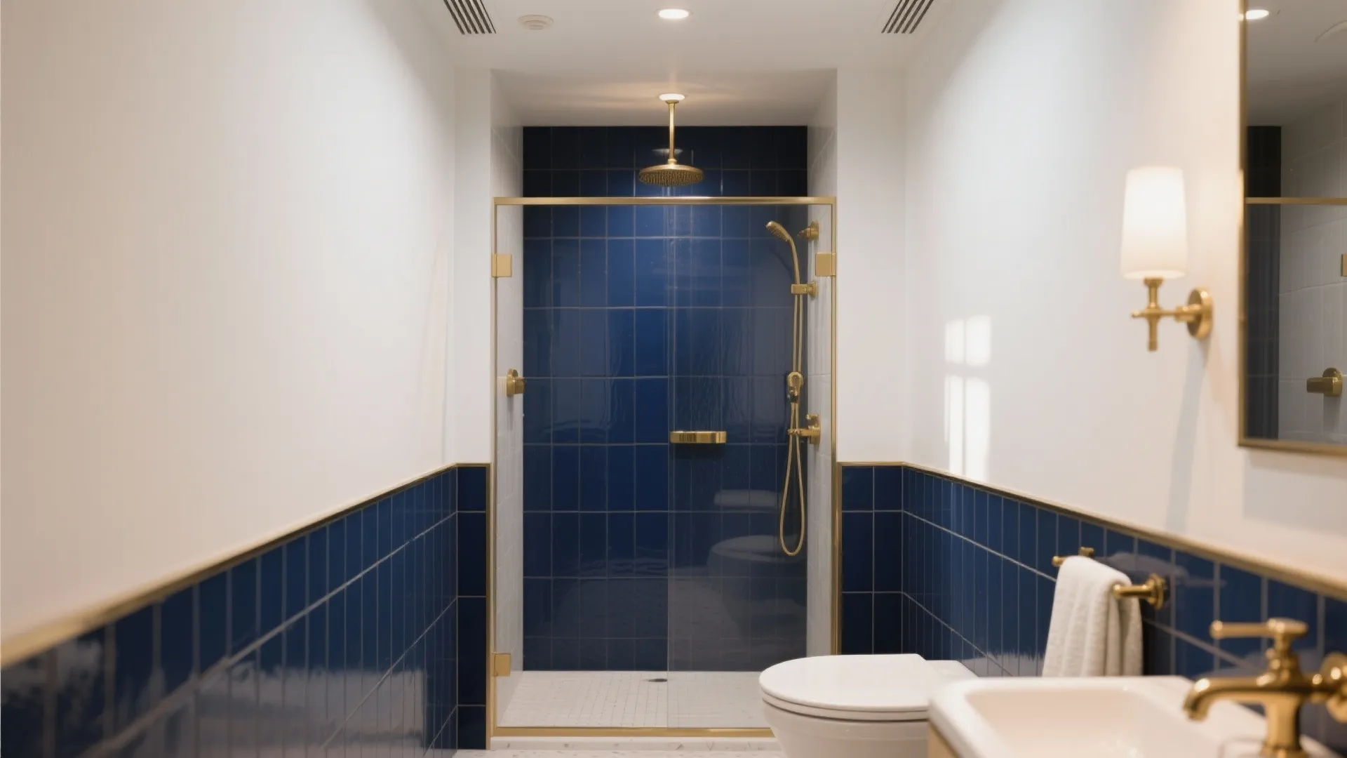 Modern bathroom featuring blue wall tiles gold shower fixtures white toilet and a wall light fixture