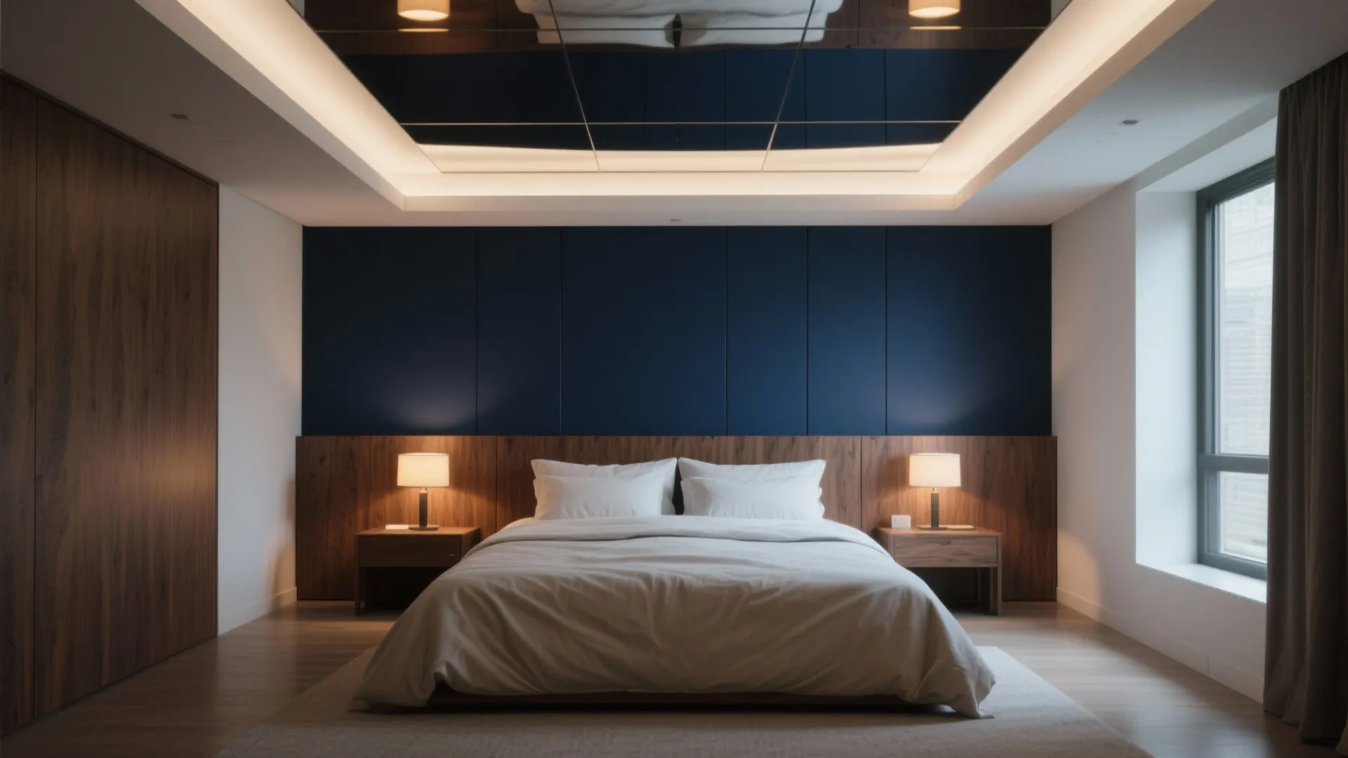 Small bedroom with a deep navy accent wall behind a wooden headboard and warm layered lighting.