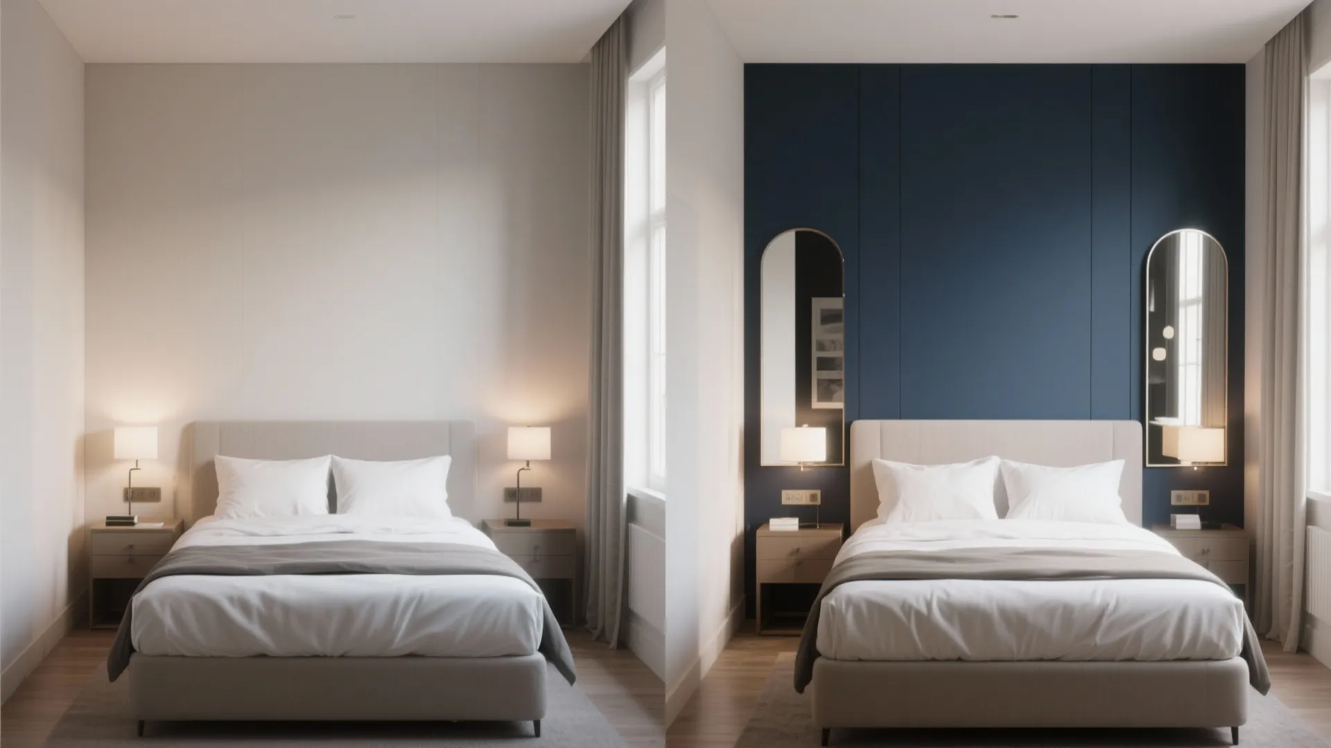 Before-and-after view showing a deep navy accent wall behind the bed with mirrors and a reflective headboard to enhance light.