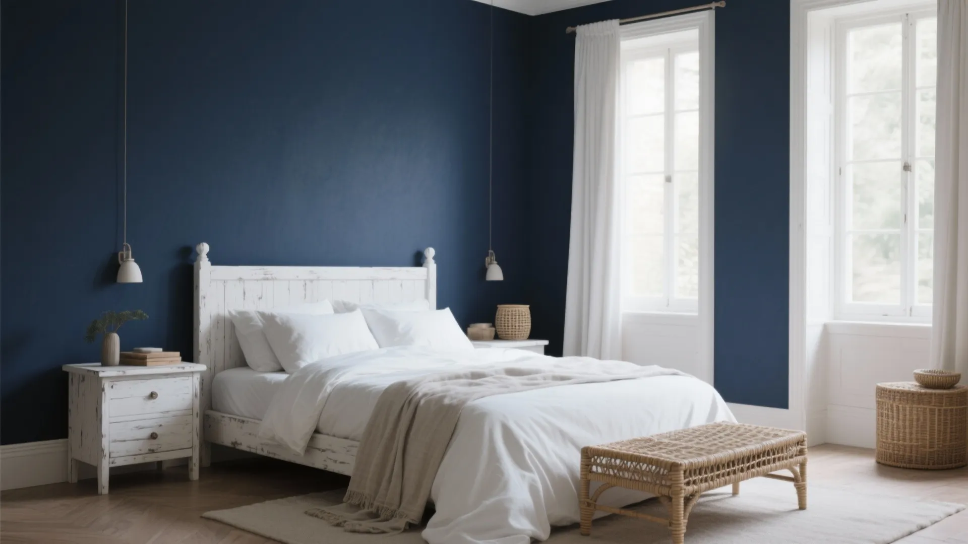 White bed against a dark blue wall with white curtains and a woven bench seat