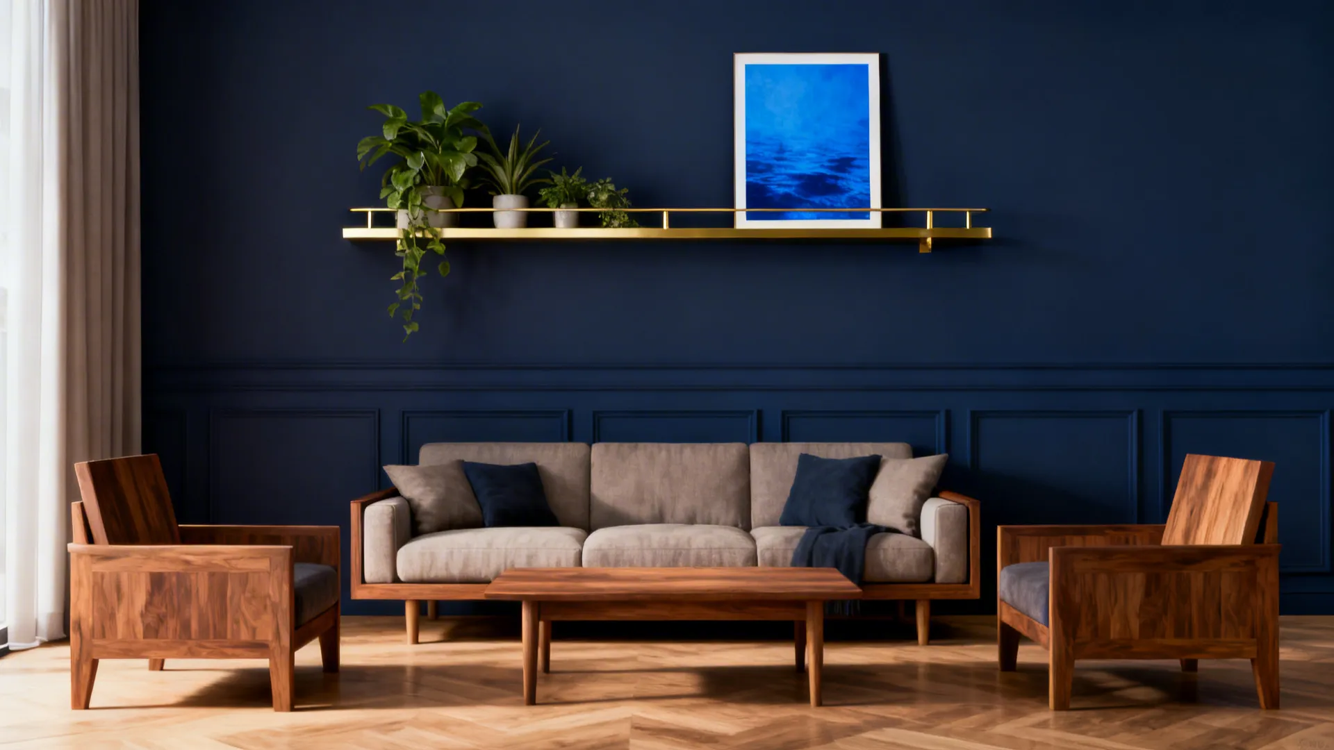 Deep navy accent wall with a slim brass shelf, plants, and a single blue-toned print above the sofa.