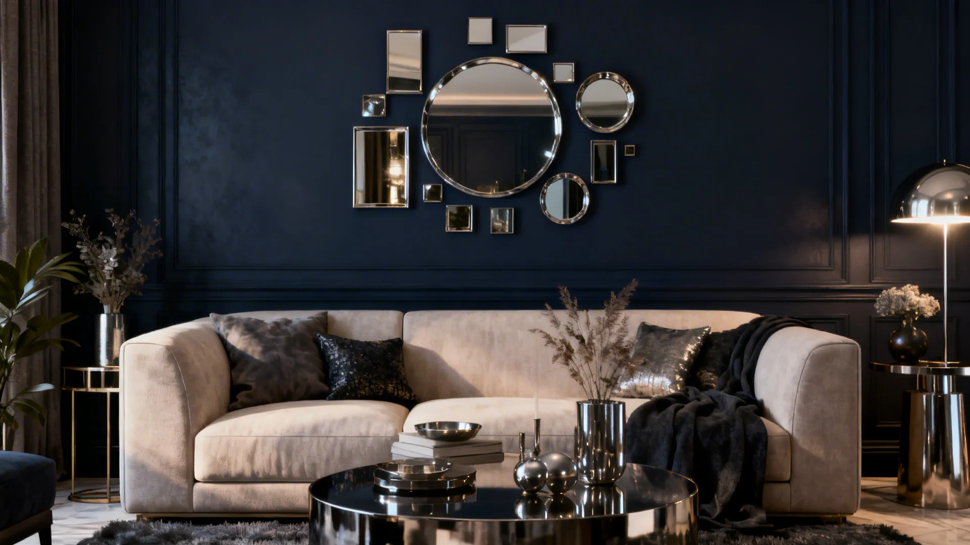 Modern living room with navy blue wall panel decoration beige sofa and round mirrors gallery