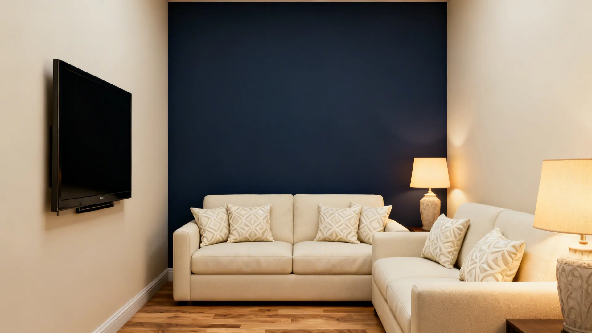 Compact seating with a single navy accent wall and cream sofa that creates depth without heaviness.