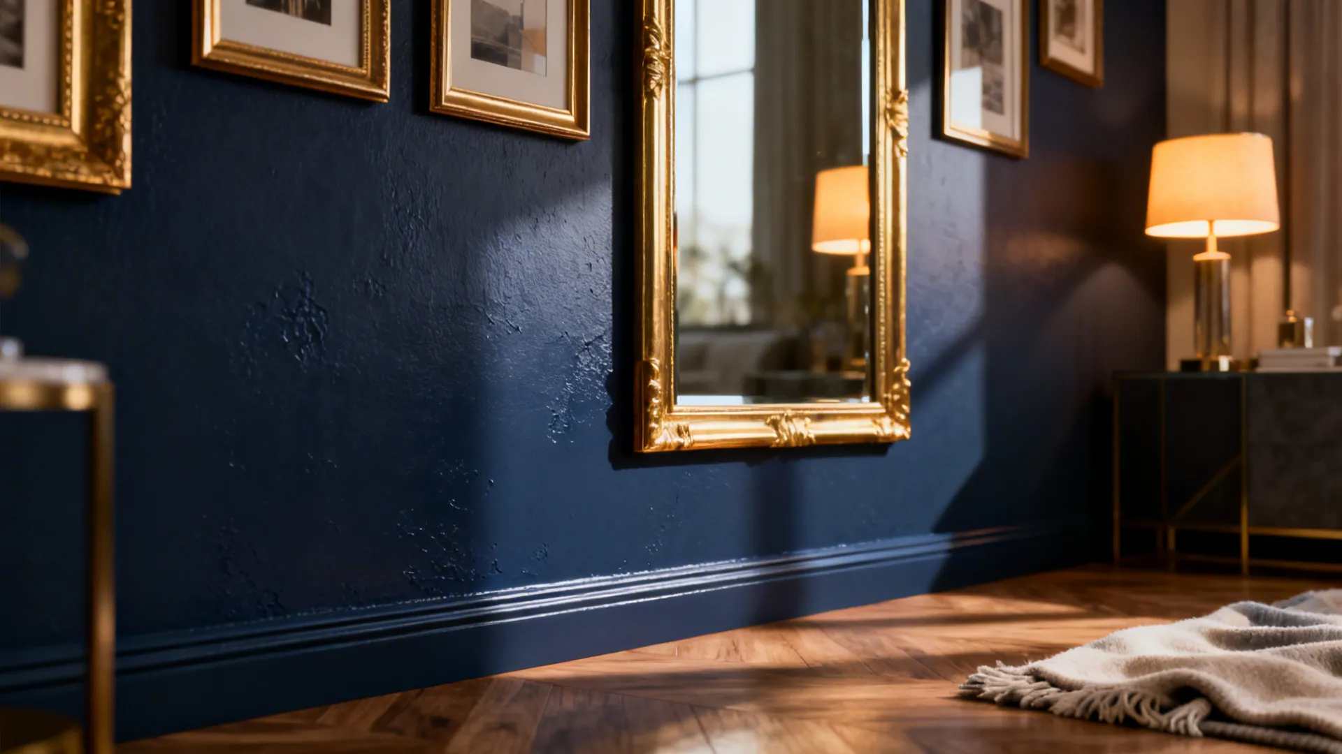 Matte navy accent wall with gold frames and mirror reflecting warm light in a small living room.