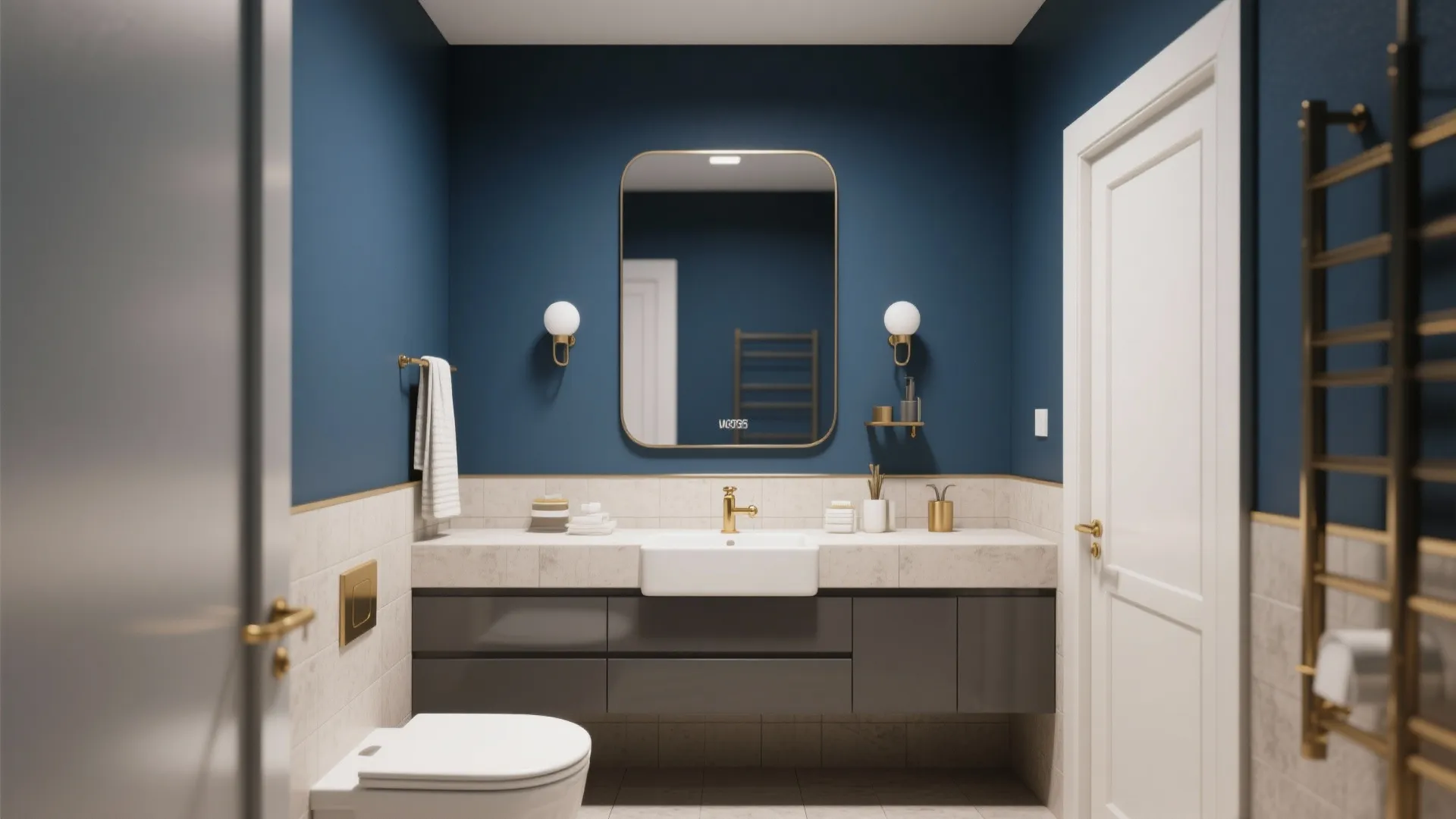 Bathroom with a navy blue accent wall and brass fixtures