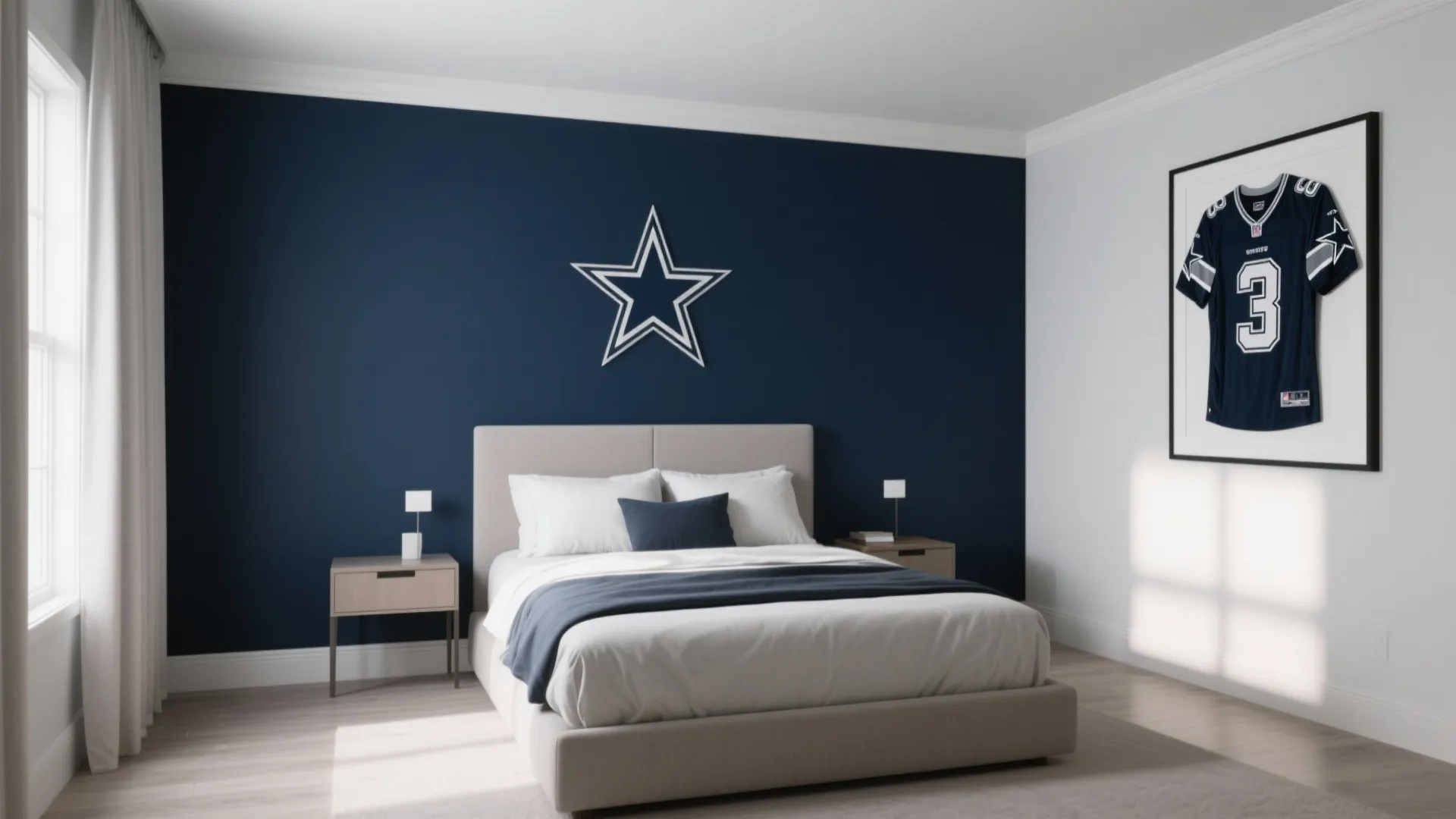 Bedroom with deep navy accent wall and Cowboys-themed decor