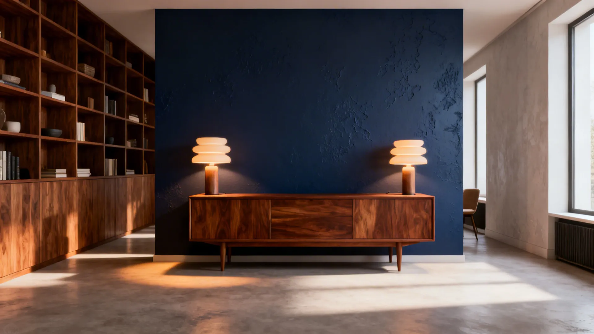 1. Navy Accent Wall + Warm Brown Wood