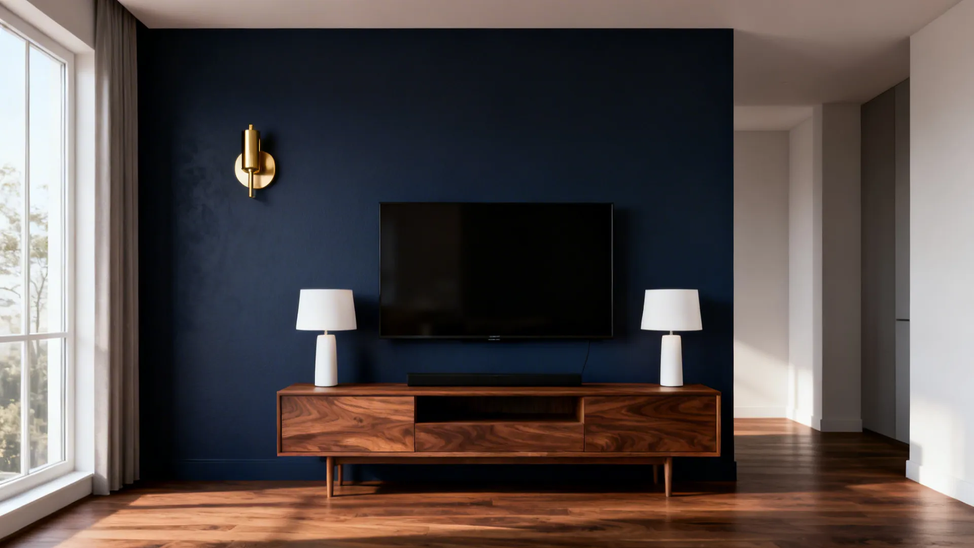 Room with a navy accent wall and warm walnut wood floors and console.