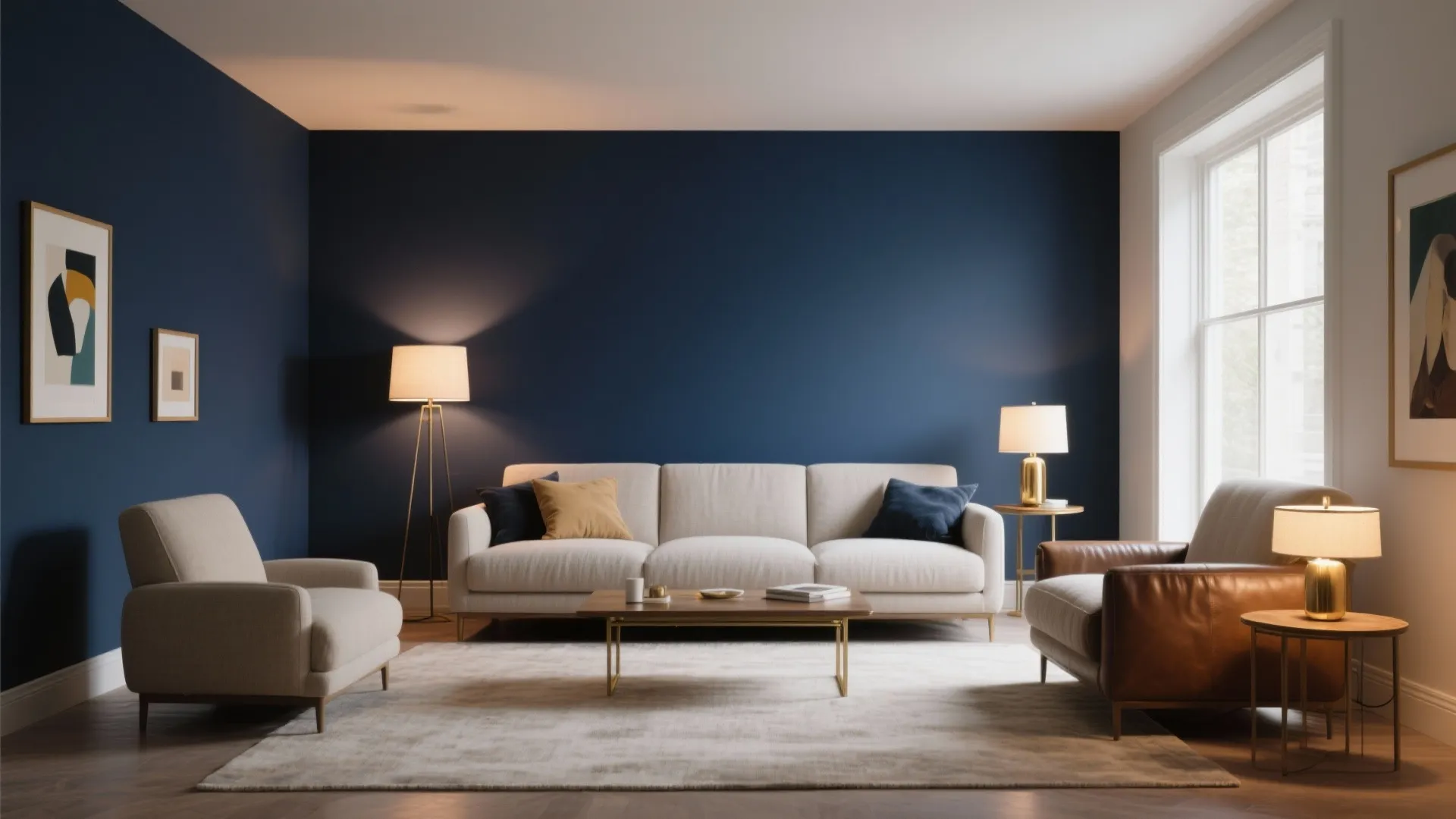 Deep Navy Accent Wall with Warm Lighting