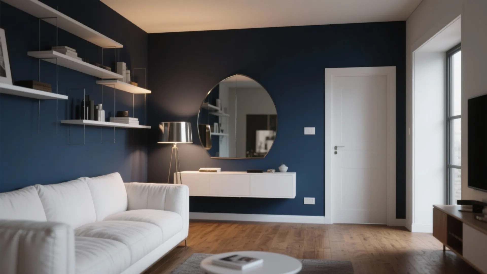 2. Navy Accent Wall + White Furniture