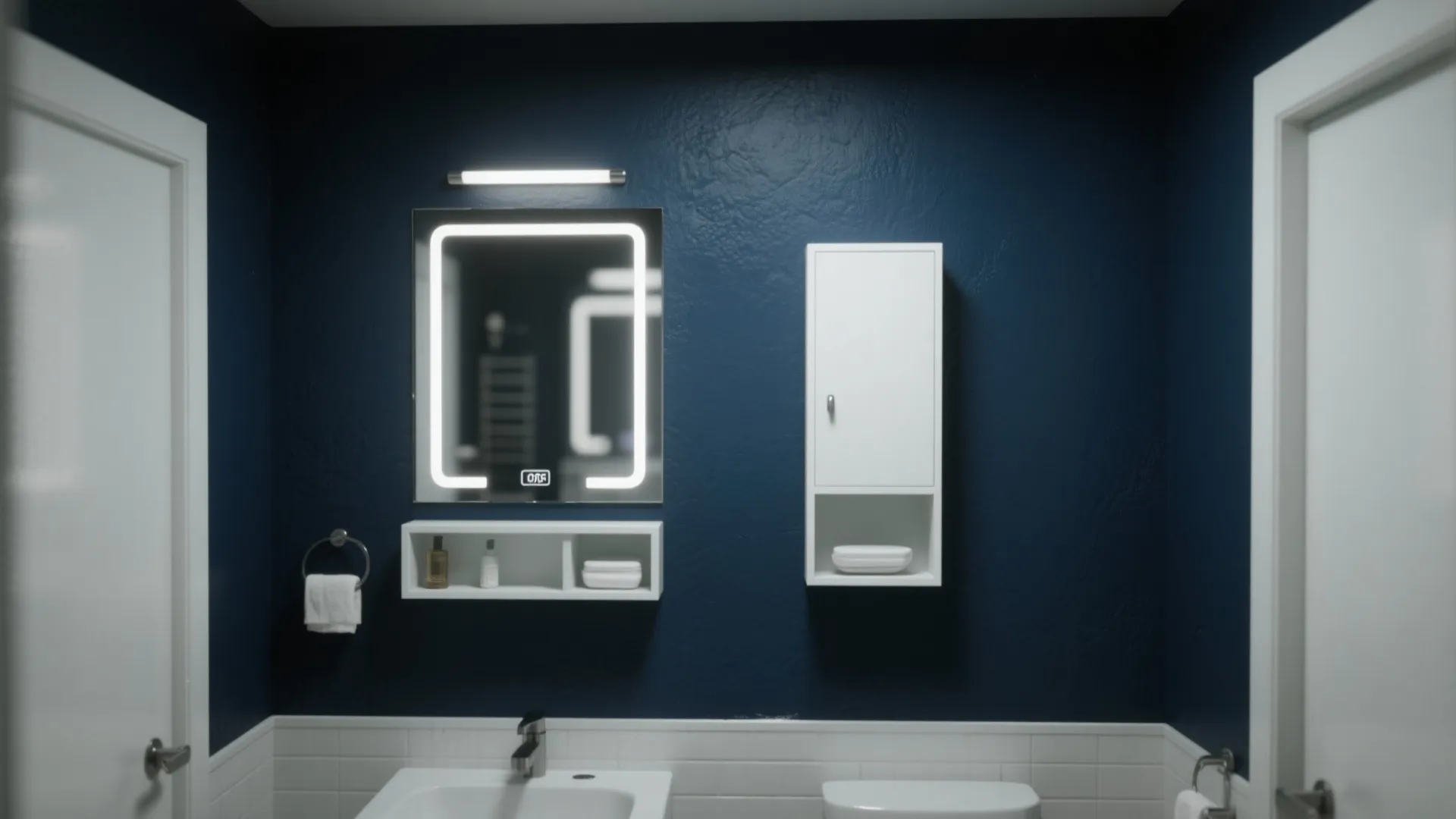 Modern bathroom with dark blue walls white sink led mirror light fixture and white cabinet