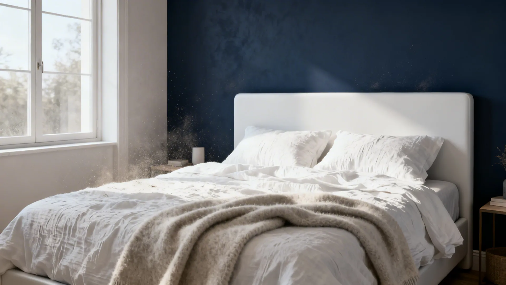 Bedroom with a deep navy accent wall and white linen bedding with textured throws.