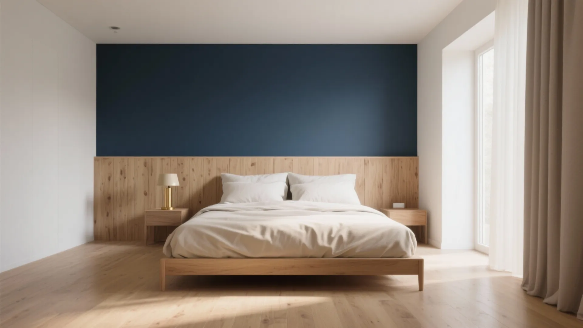 1. Navy Accent Wall with Light Wood
