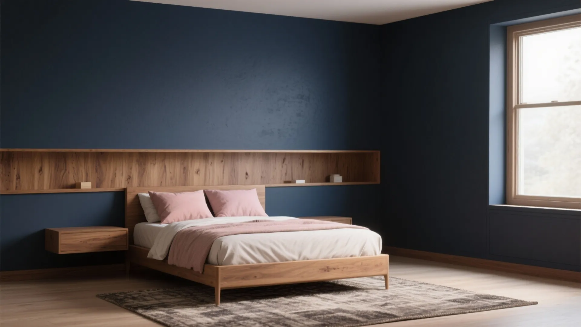 Minimalist bedroom with navy blue walls wooden bed frame pink bedding large window and grey rug