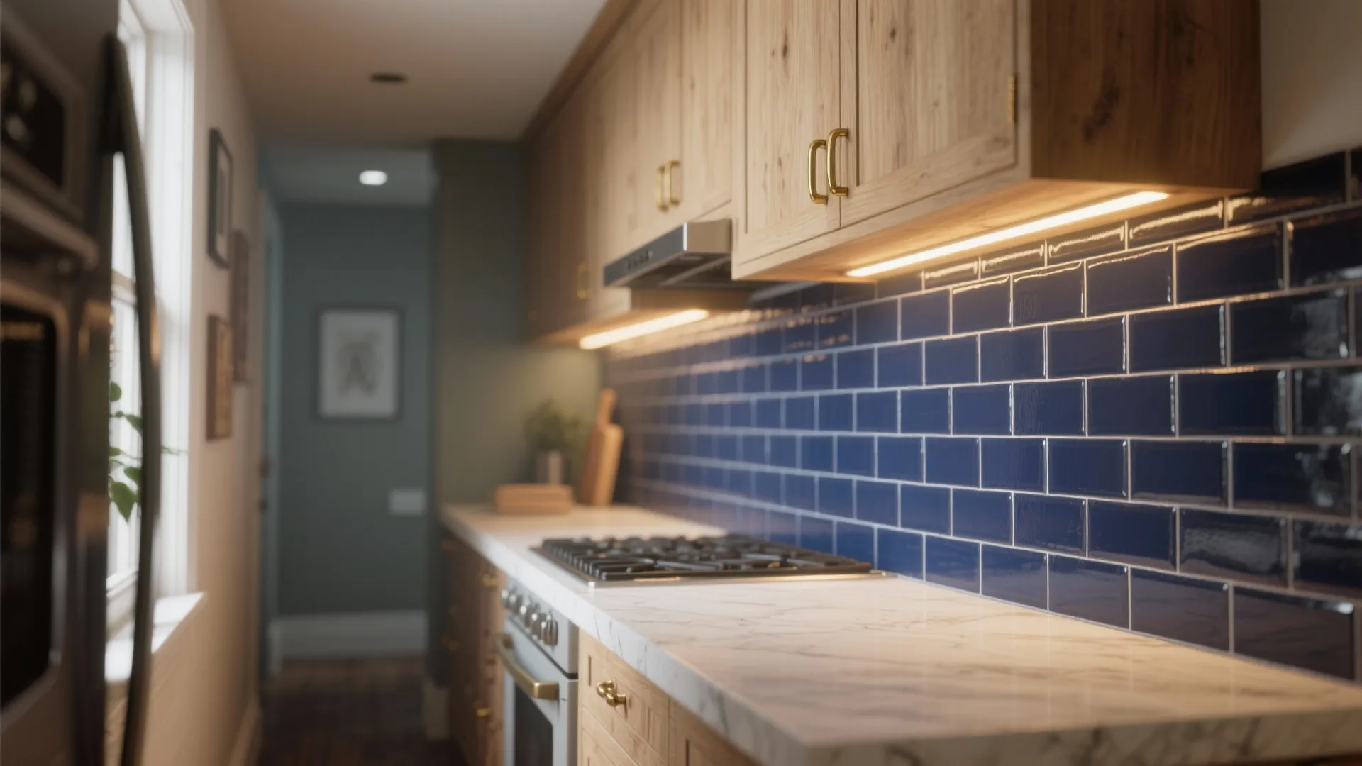 1. Deep Navy Accent Wall with Light Wood Cabinets
