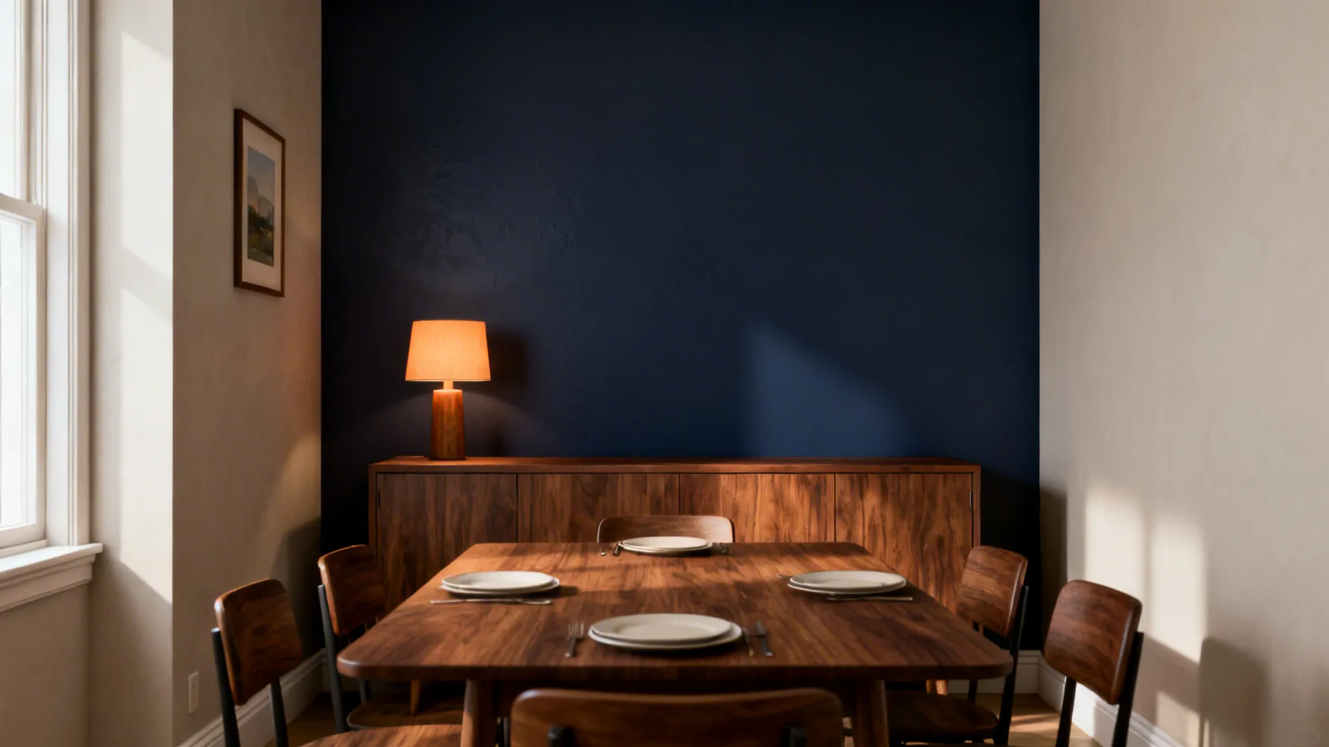 Navy accent wall behind a walnut sideboard and dining table with warm lighting