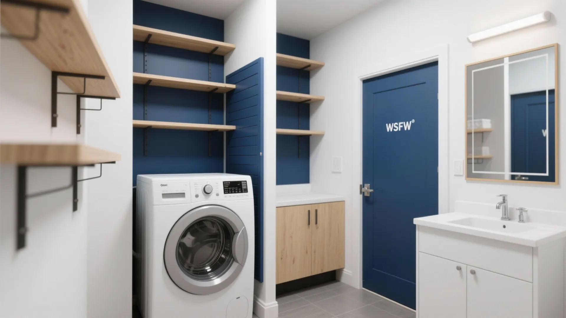 Laundry room with white washing machine, wooden open shelves, blue door, and small white sink