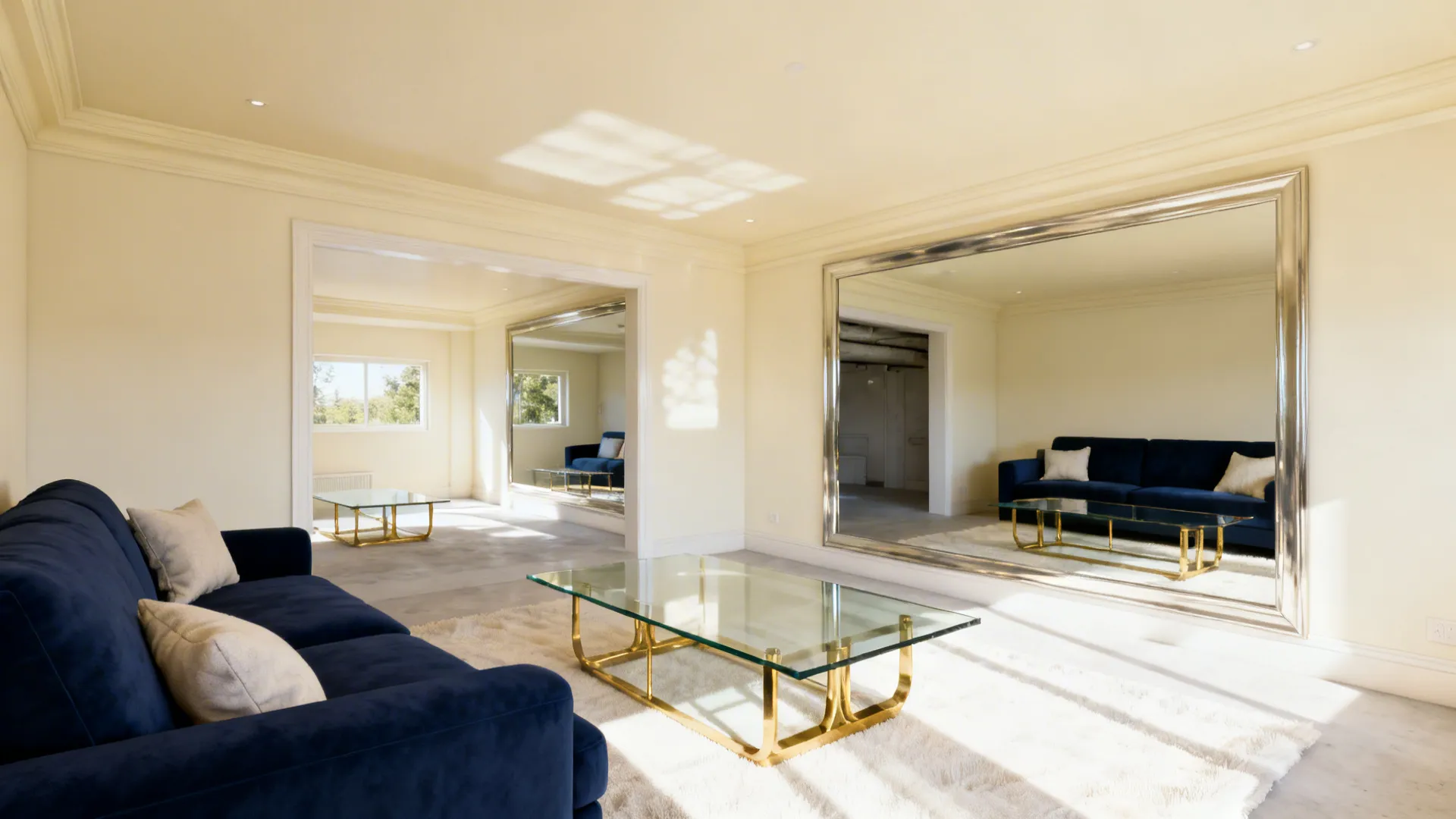 Navy blue sofa glass coffee table and large mirror in a bright modern living room