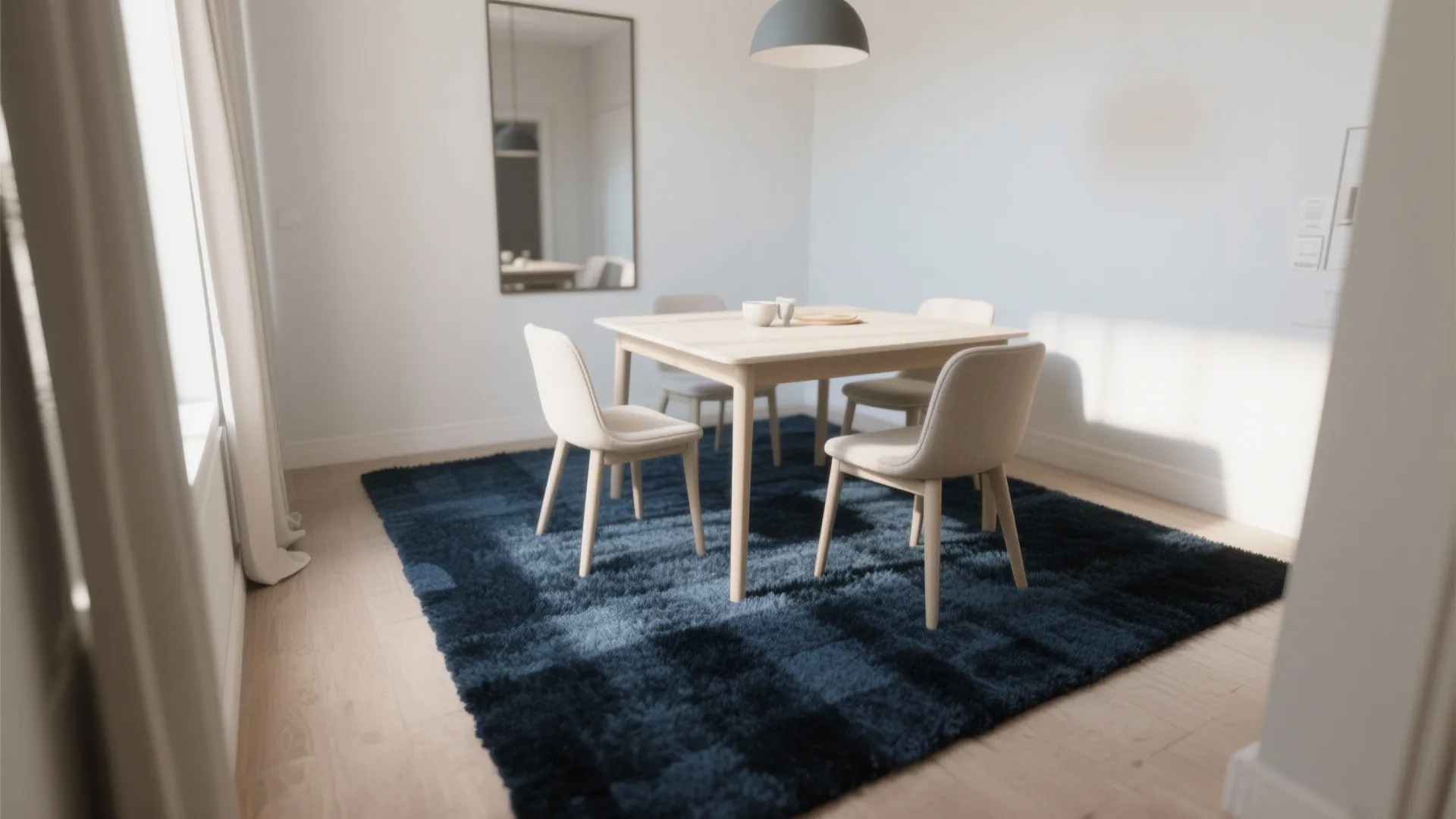 Compact dining area with a deep navy rug anchoring a rectangular table and light chairs.