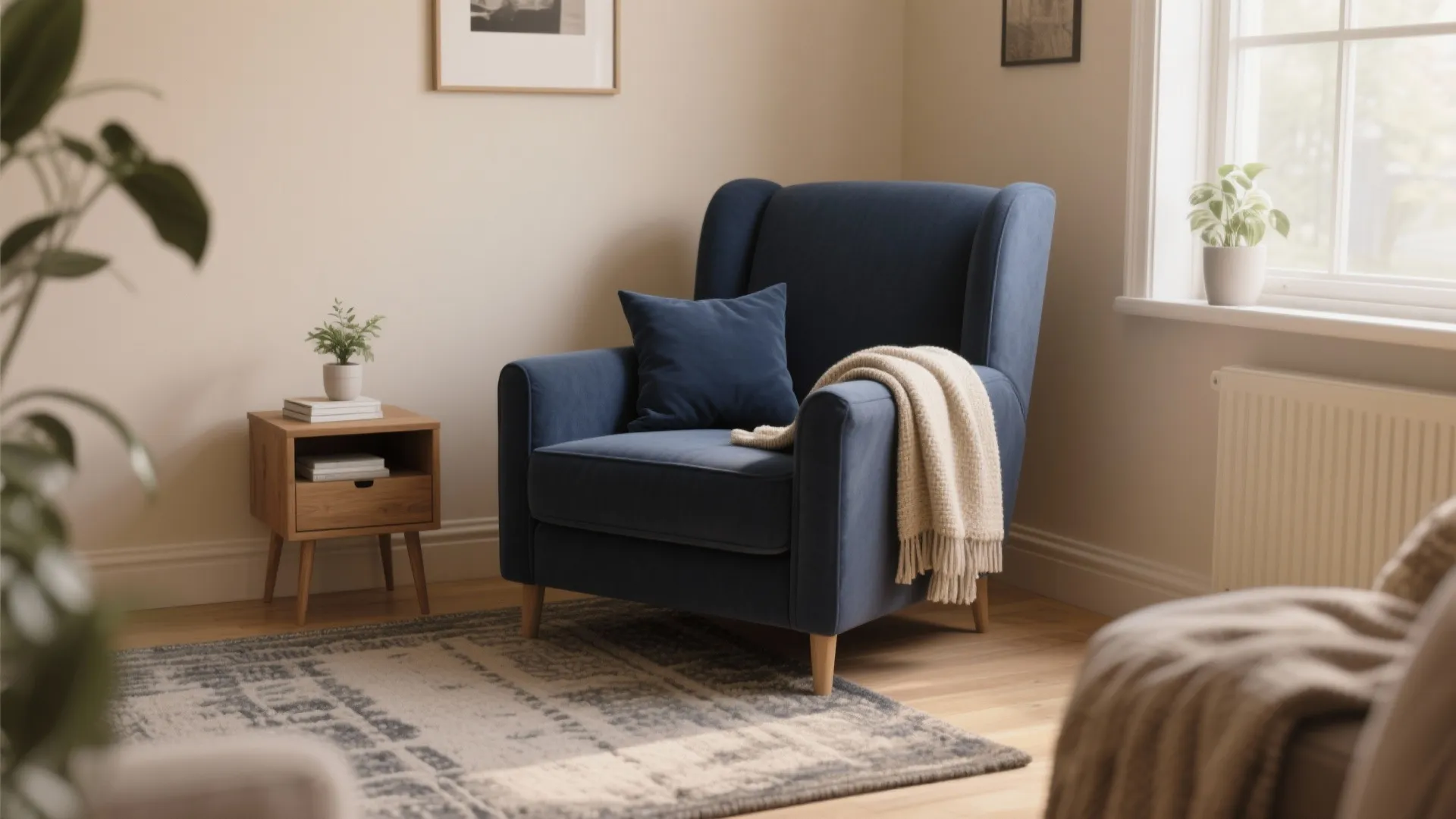 Small beige living room with a deep navy armchair anchoring the space and textured throws